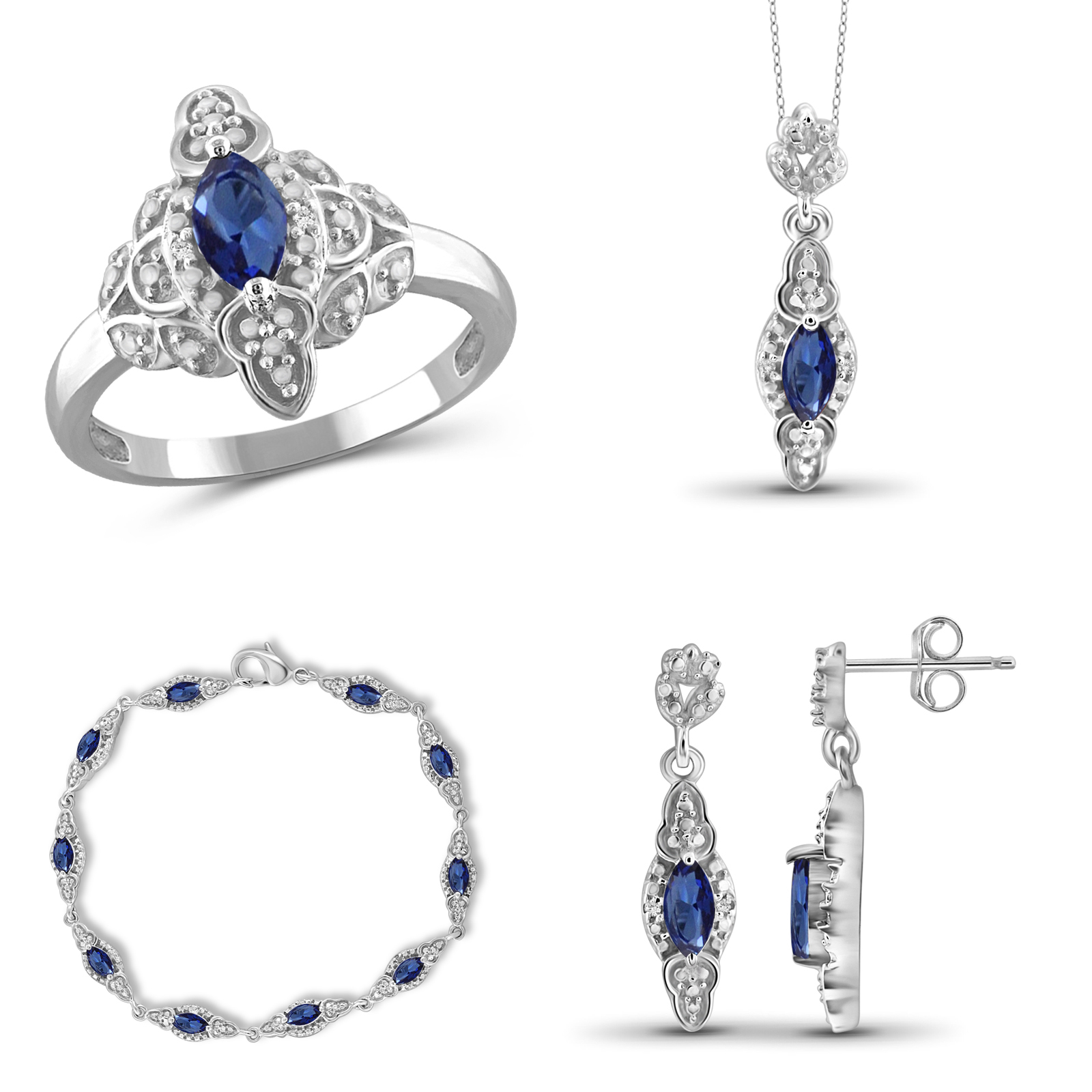 4 Piece Sterling Silver Sapphire Marquise Set