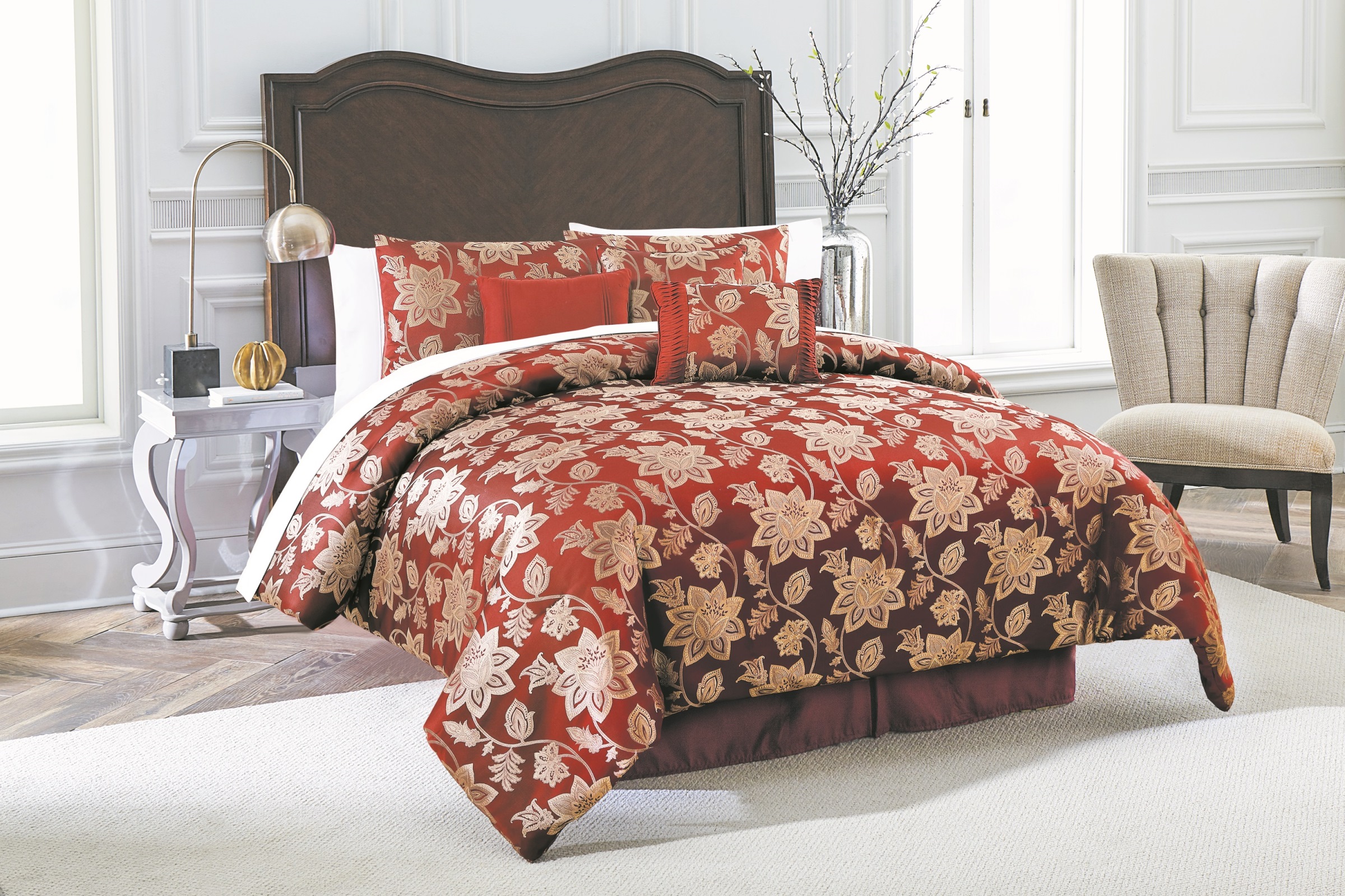 7 Piece Jacquard Comforter Set - Burgundy Floral Jacobean