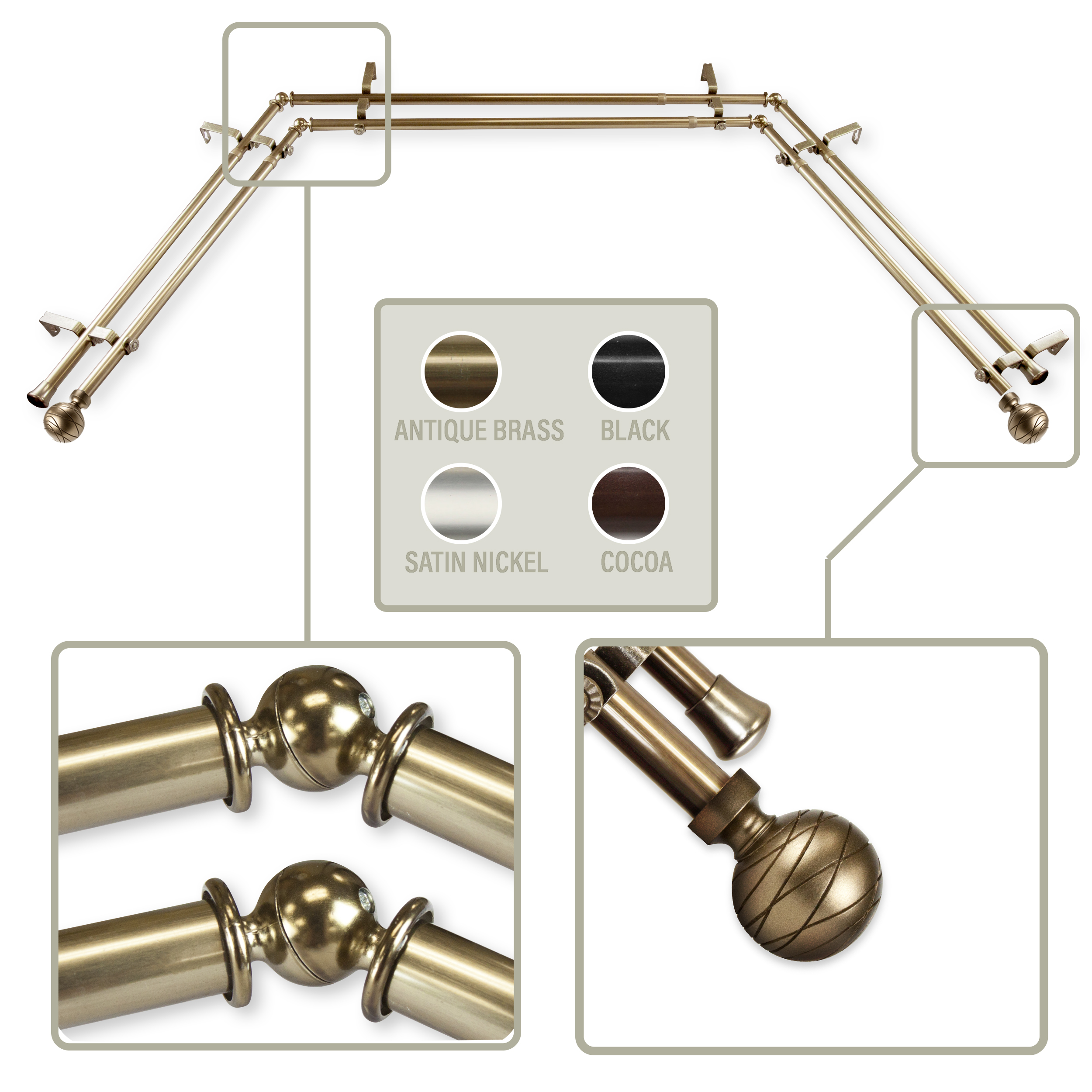 Rod Desyne 13/16 Inch Adjustable Bay Window Double Curtain Rod with Arman  Finials, image size:2500x2500