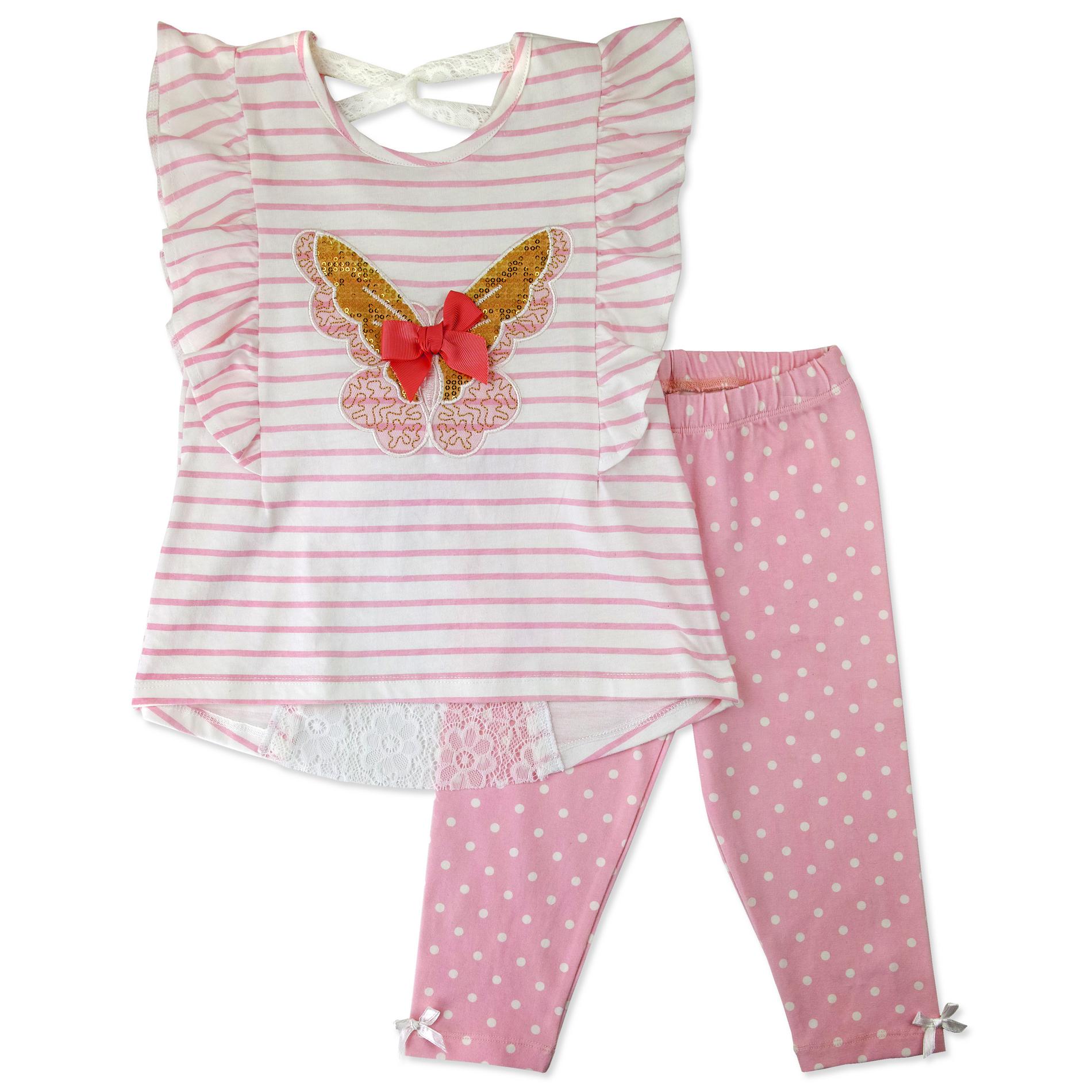 Nanette Infant & Toddler Girls' Lace Back Top & Leggings - Striped & Polka Dot