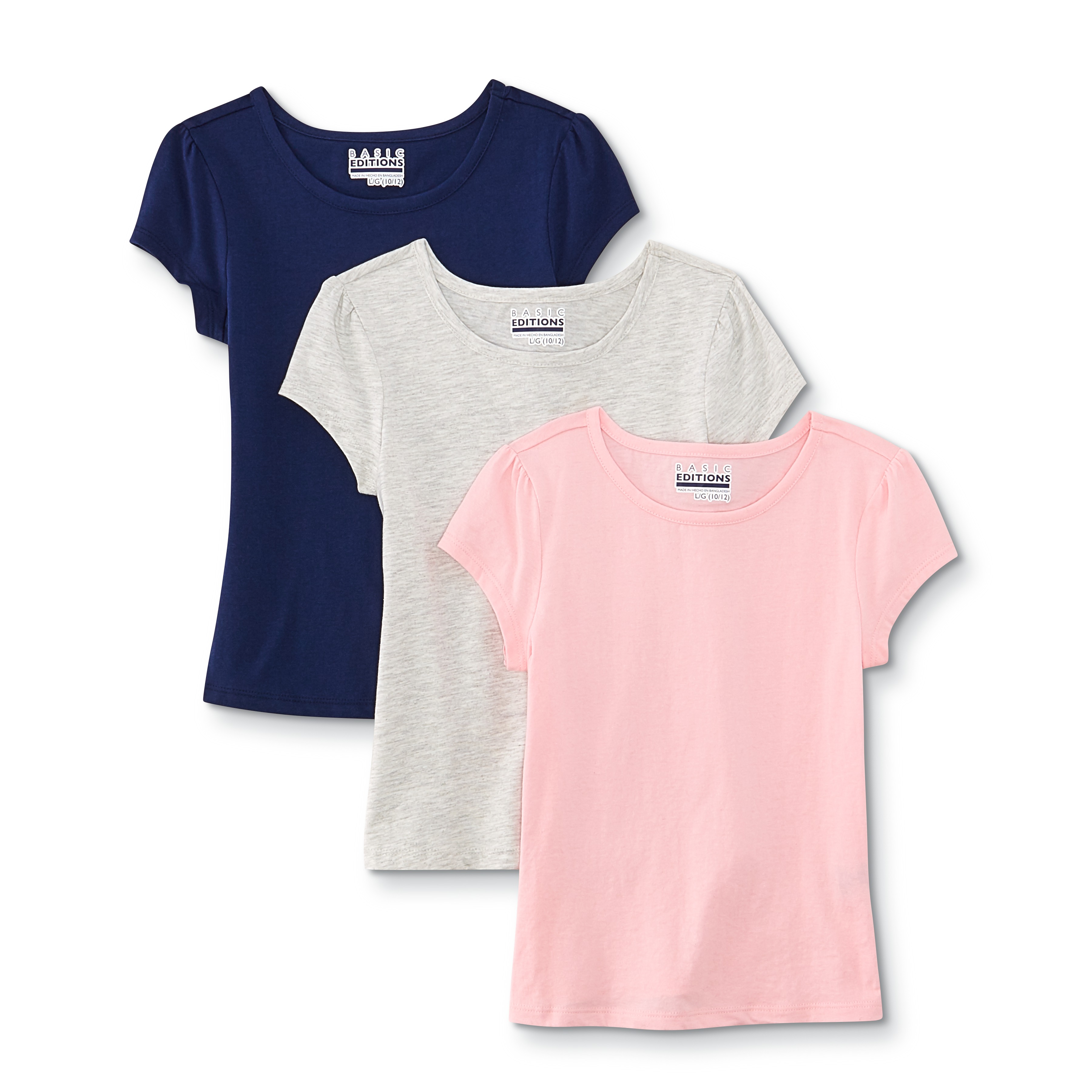 Basic Editions Girls' 3-Pack T-Shirts - Solid & Heathered