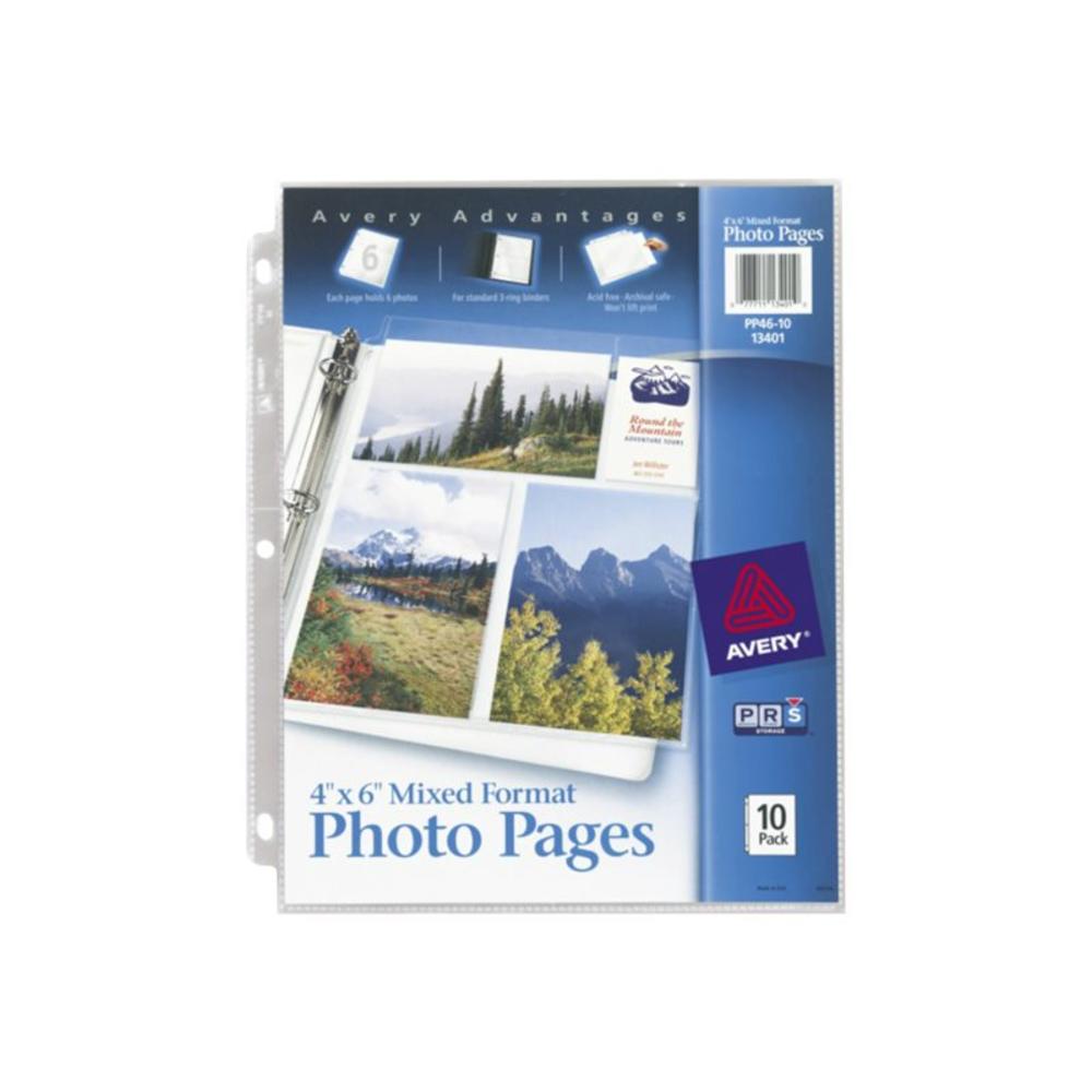 Avery AVE13401 Photo Storage Pages for Six 4 x 6 Mixed Format Photos, 3-Hole Punched, 10/Pack