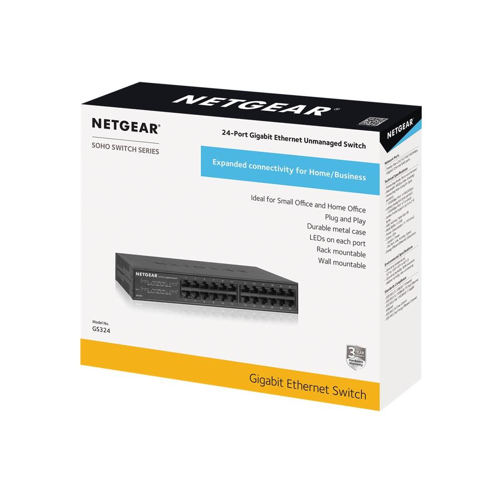 NETGEAR 24-Port Gigabit Ethernet Unmanaged Switch (GS324) - Desktop/Rackmount, Fanless Housing for Quiet Operation