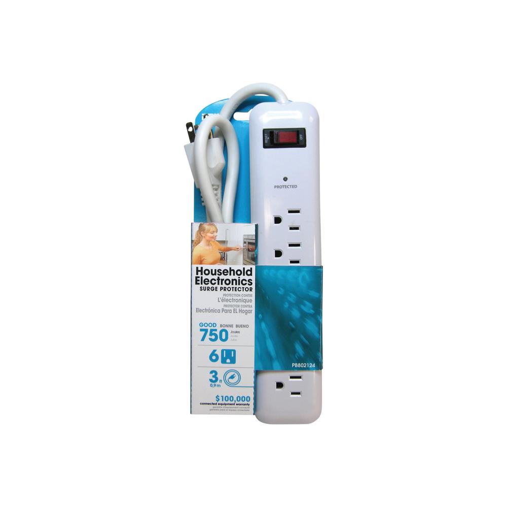 Prime PB802124 6 Outlet White 750J Surge Protector with 3 ft. Cord