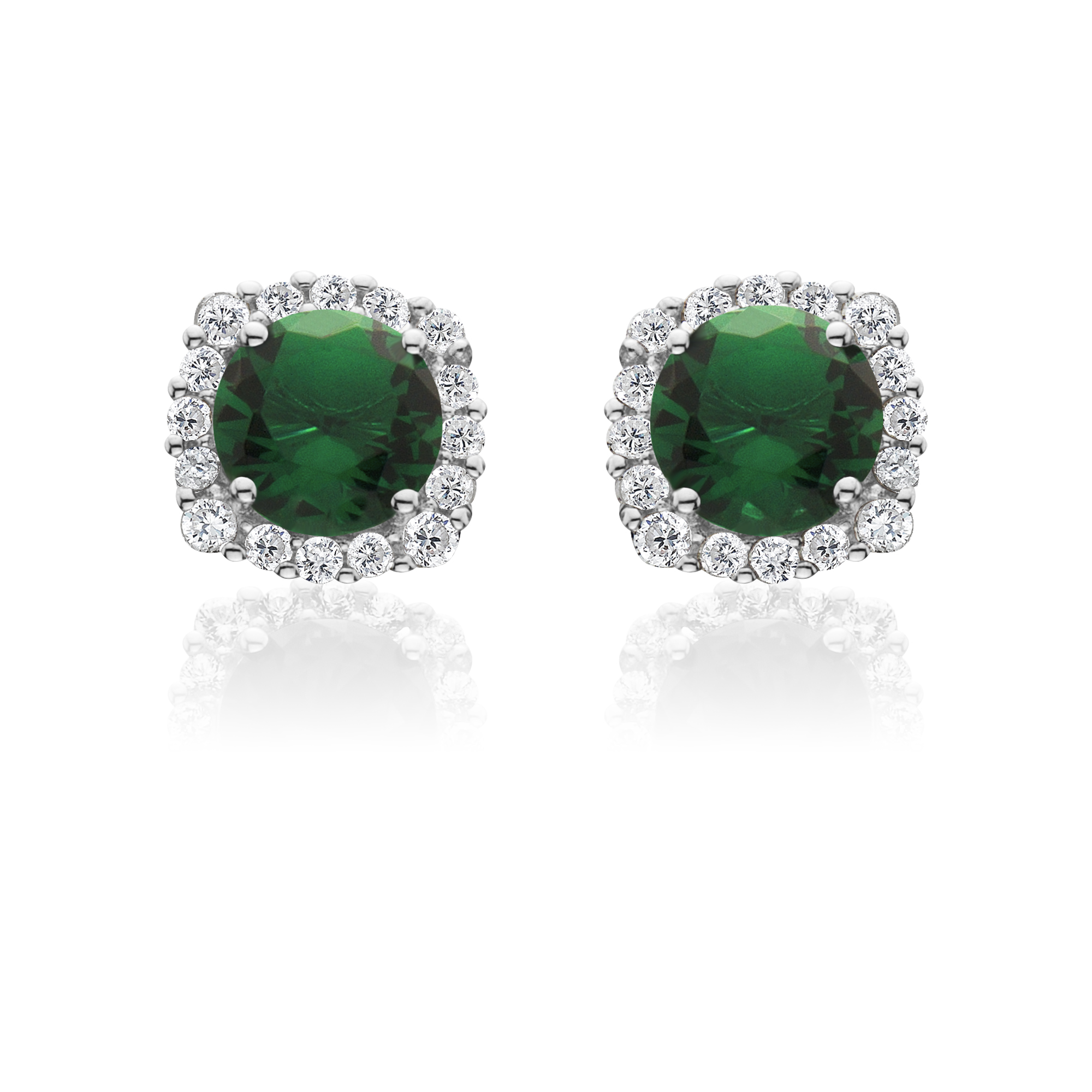 Sterling Silver Halo Style Round Cut Simulated Emerald  Earrings