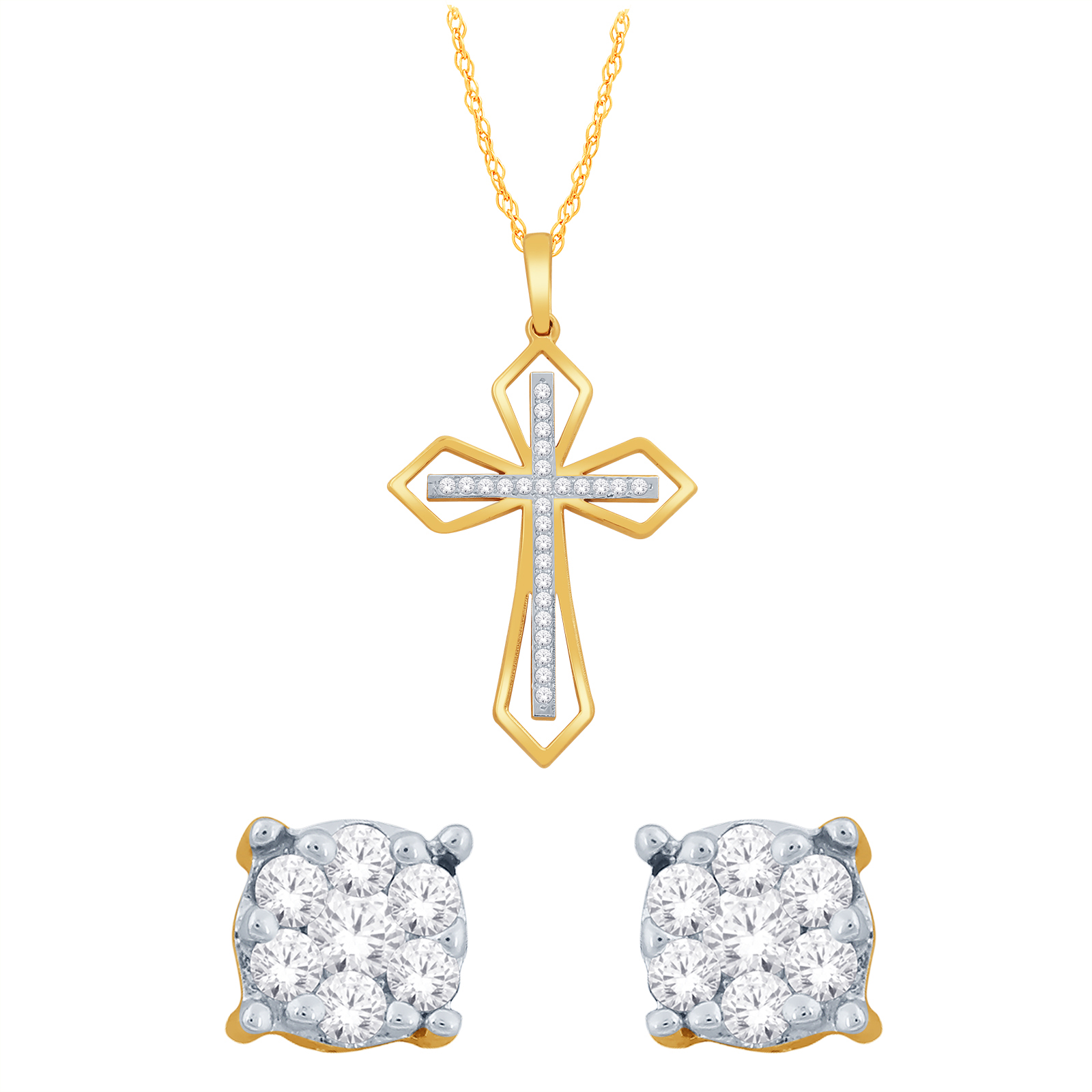 10K Yellow Gold 1/5 cttw Diamond Earring and Crosst Pendant Two Piece Set