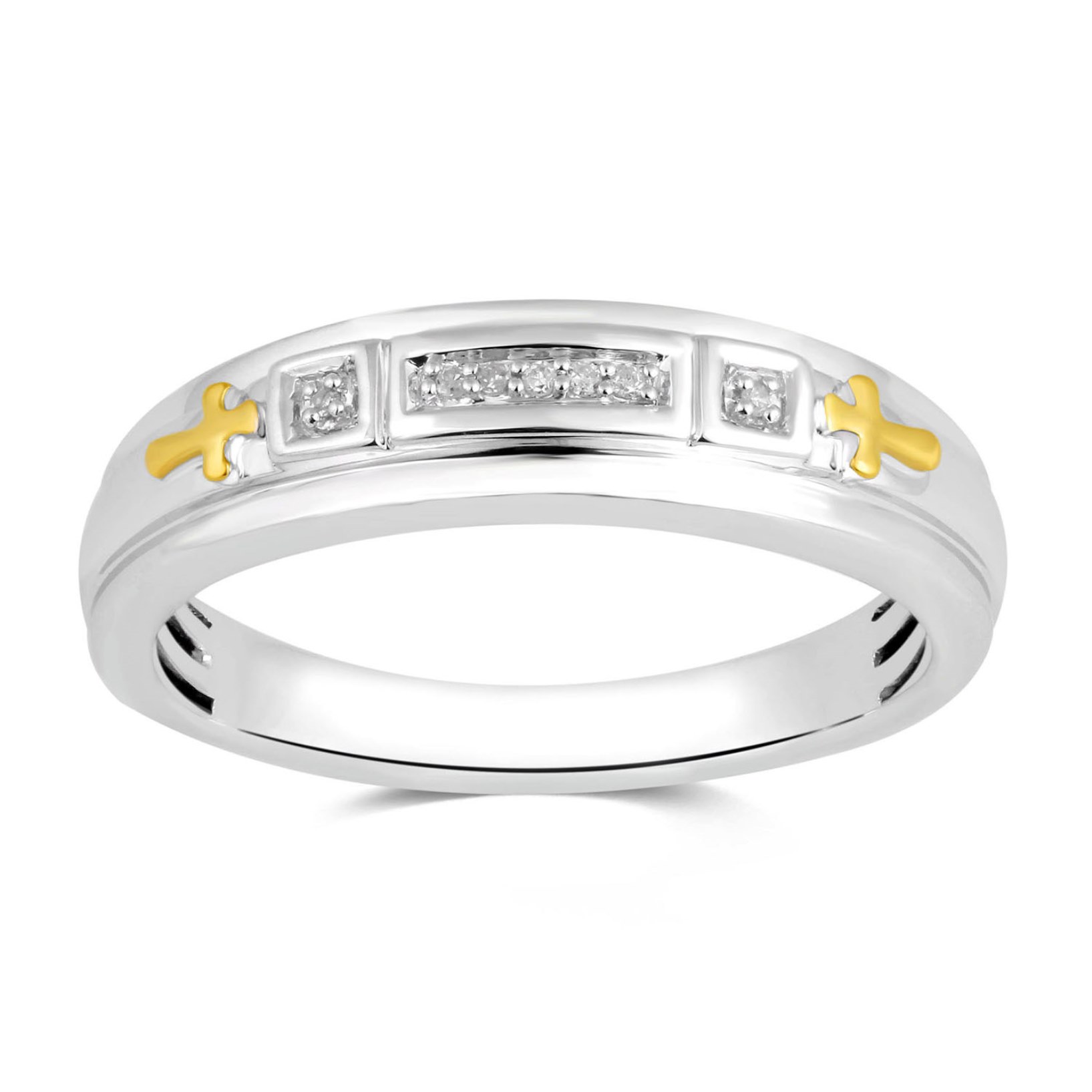 Men's Sterling Silver Two Tone Diamond Accent Band with Crosses - Size ...