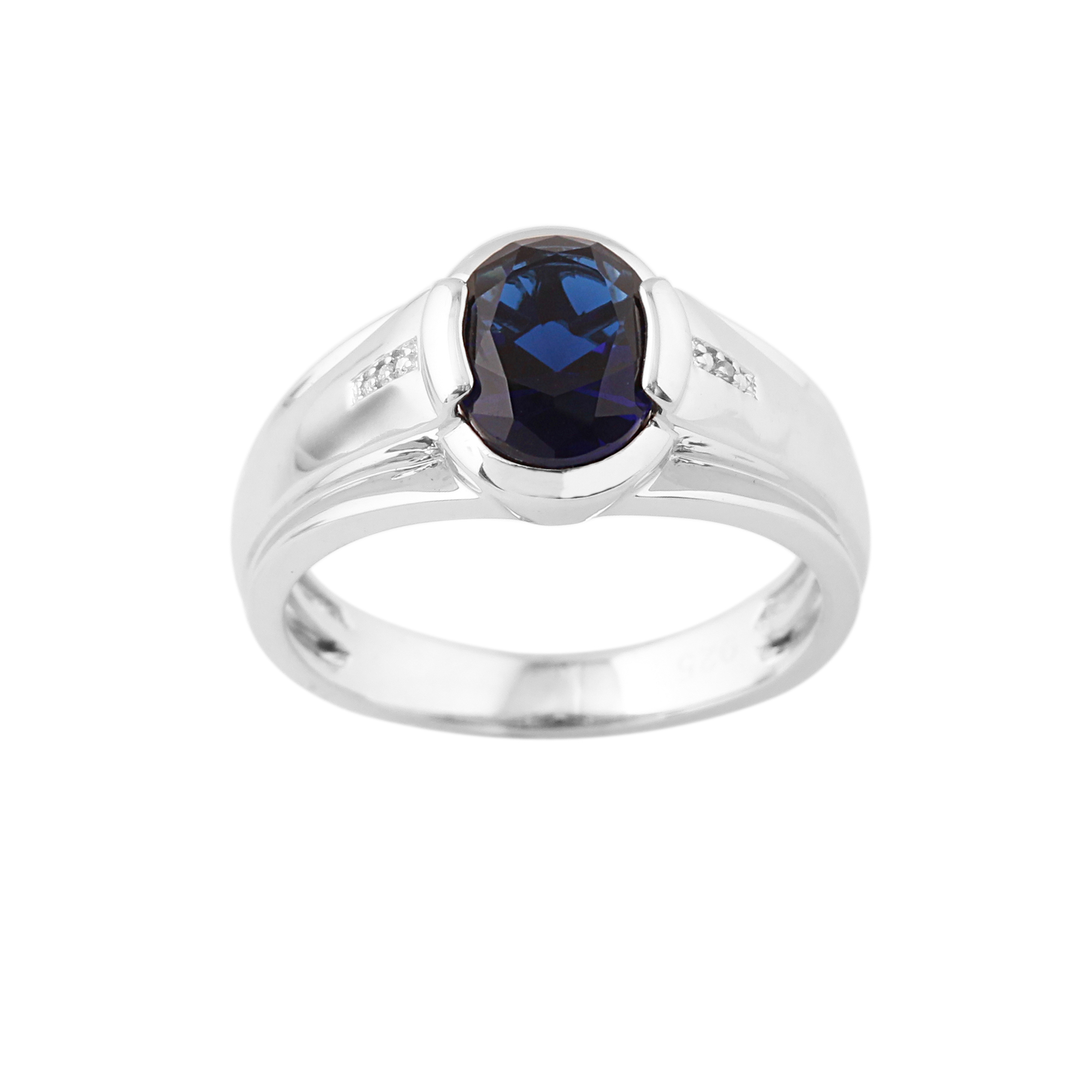 Men's Created Sapphire Sterling Silver and Diamond Accent Ring -  Size 10 Only
