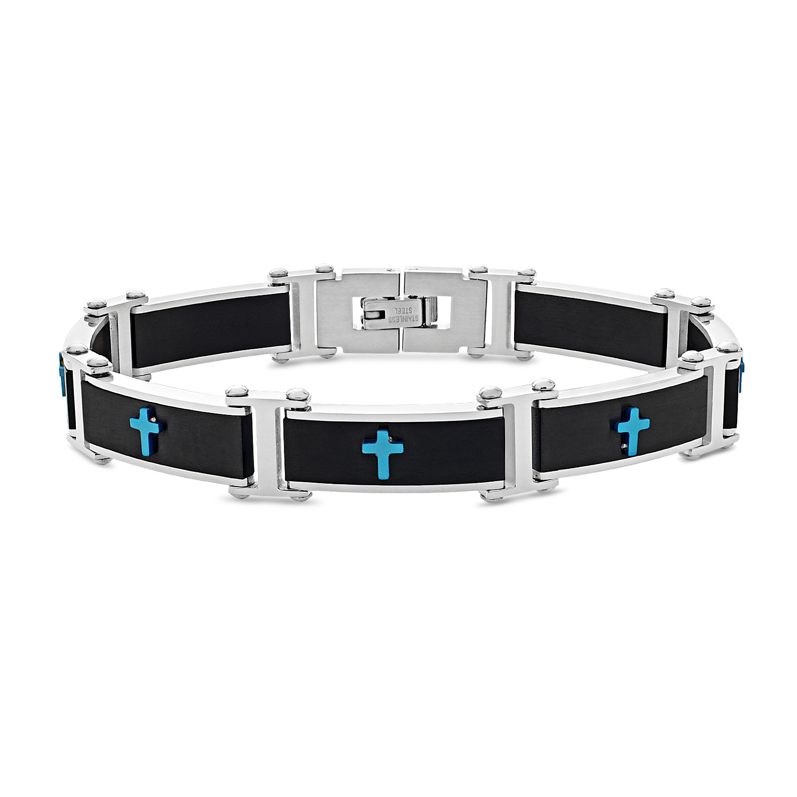 Stainless Steel Black and Blue Ion Plated Cross 8.5 Inch Link Bracelet