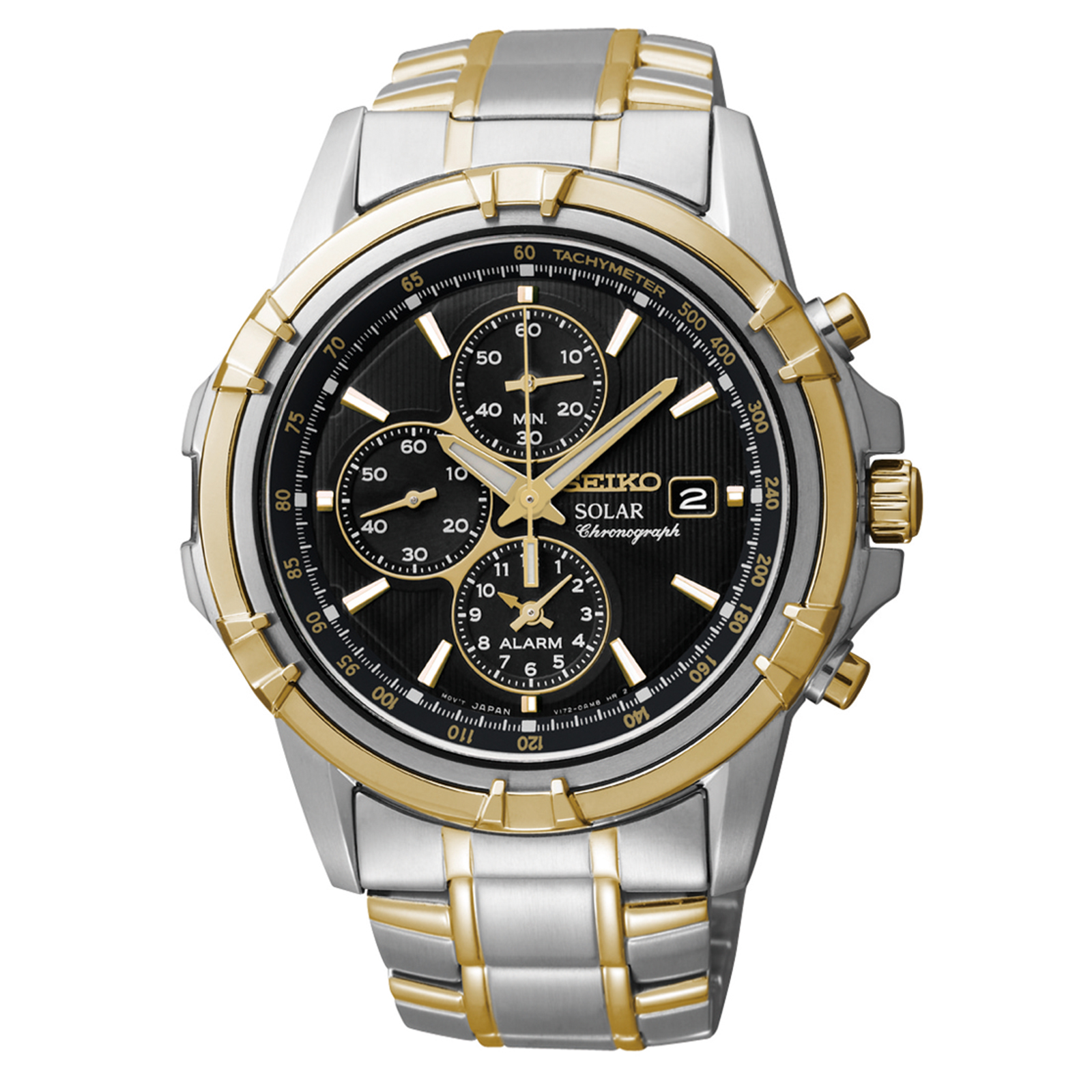 Seiko Men's Solar Two Tone Stainless Steel Chronograph Black Dial Watch