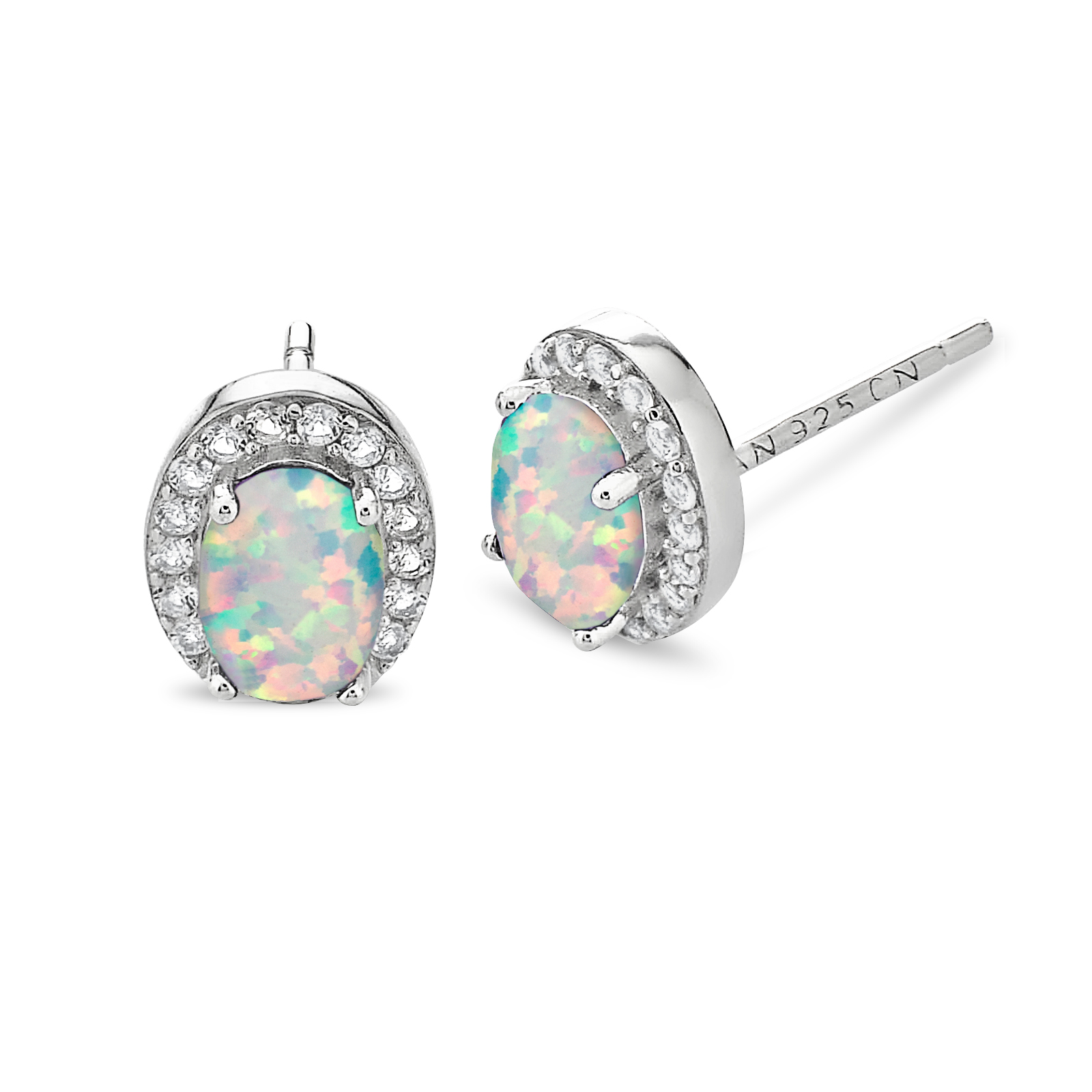 Sterling Silver Created Opal and White Topaz Stud Earrings