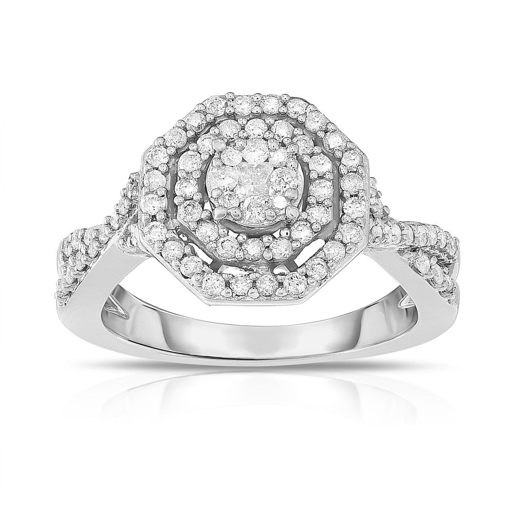 Tradition Diamond 10K White Gold 0.50CTW Certified Diamond Hexagon Halo Ring - Size 7 Only