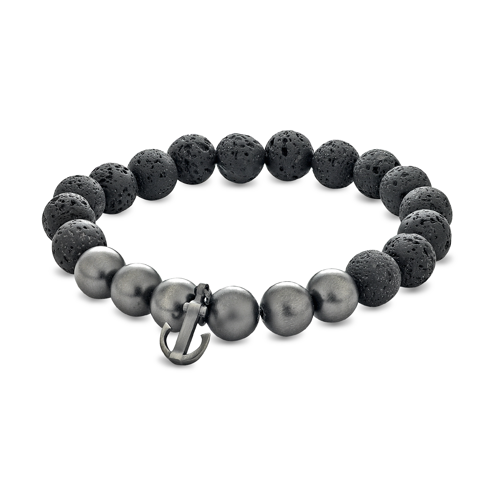 Lava Stone Stretch Bracelet with Stainless Steel Anchor