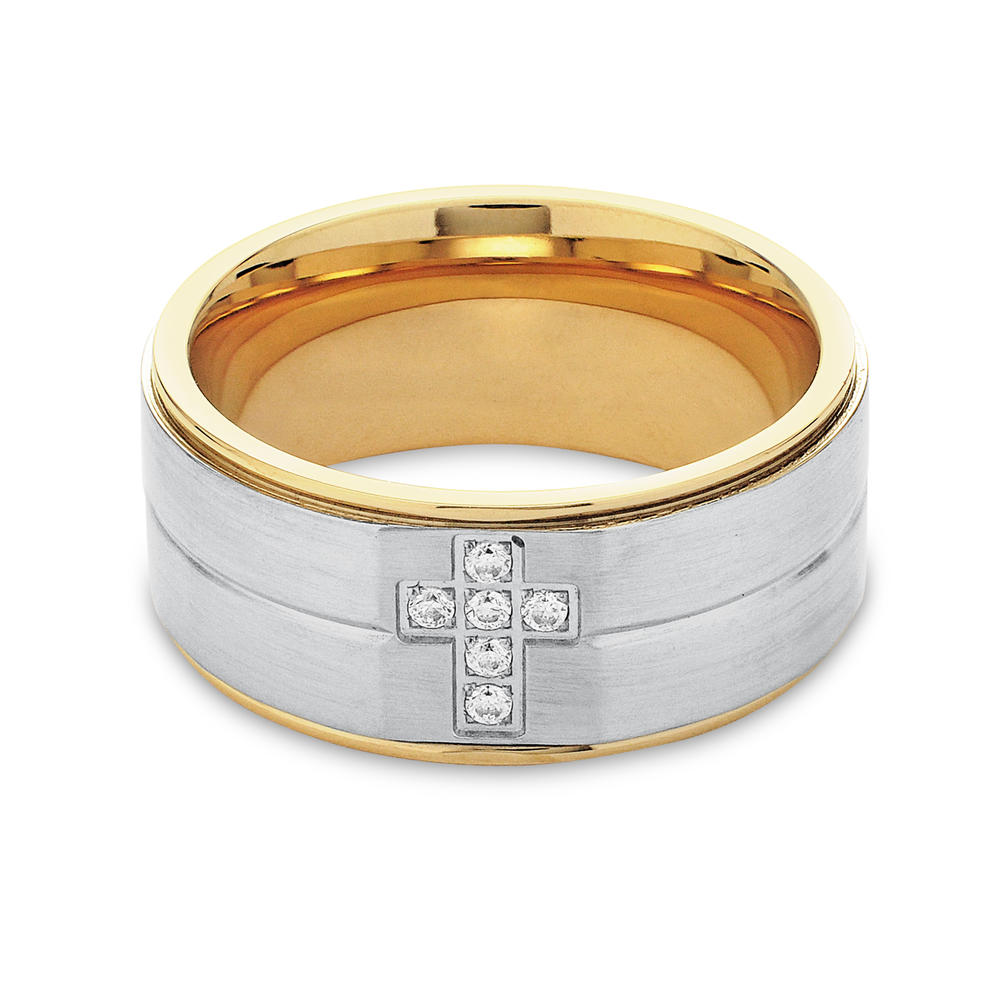 Stainless Steel Gold IP Two Tone White CZ Cross 10 mm Band Ring - Size 10