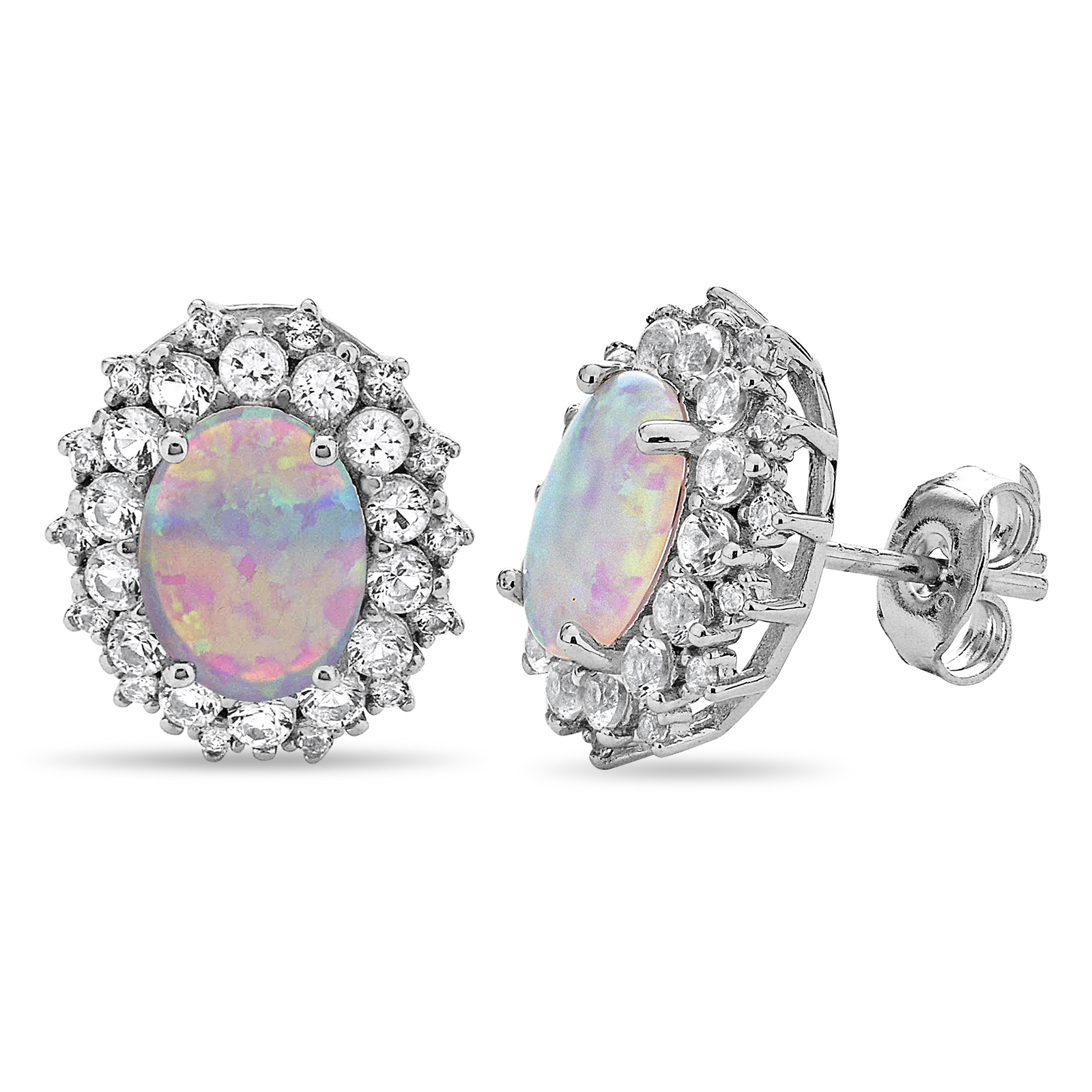 Sterling Silver Halo 9x7 Oval Created Opal and White Topaz Stud Earrings