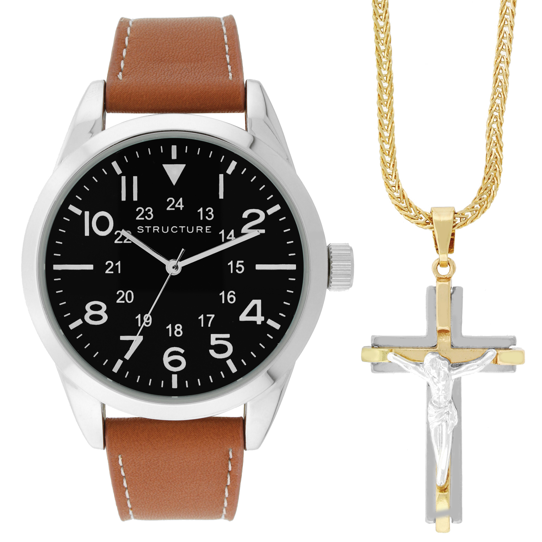 Men's Tan Strap Watch and Cross Necklace Set