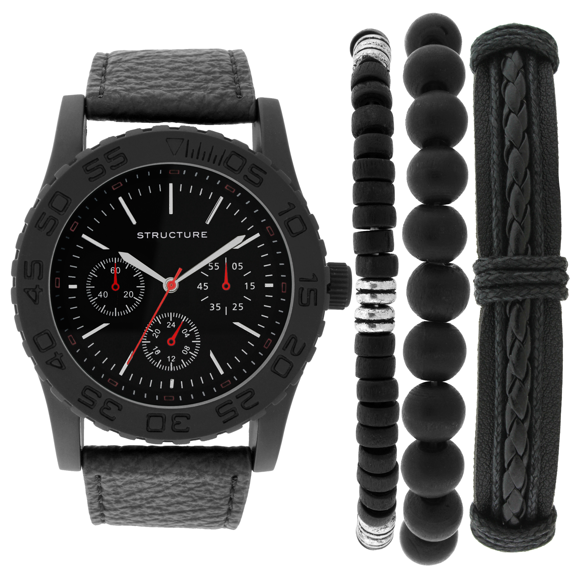 Men's Black Strap Watch and Casual Bracelet Set