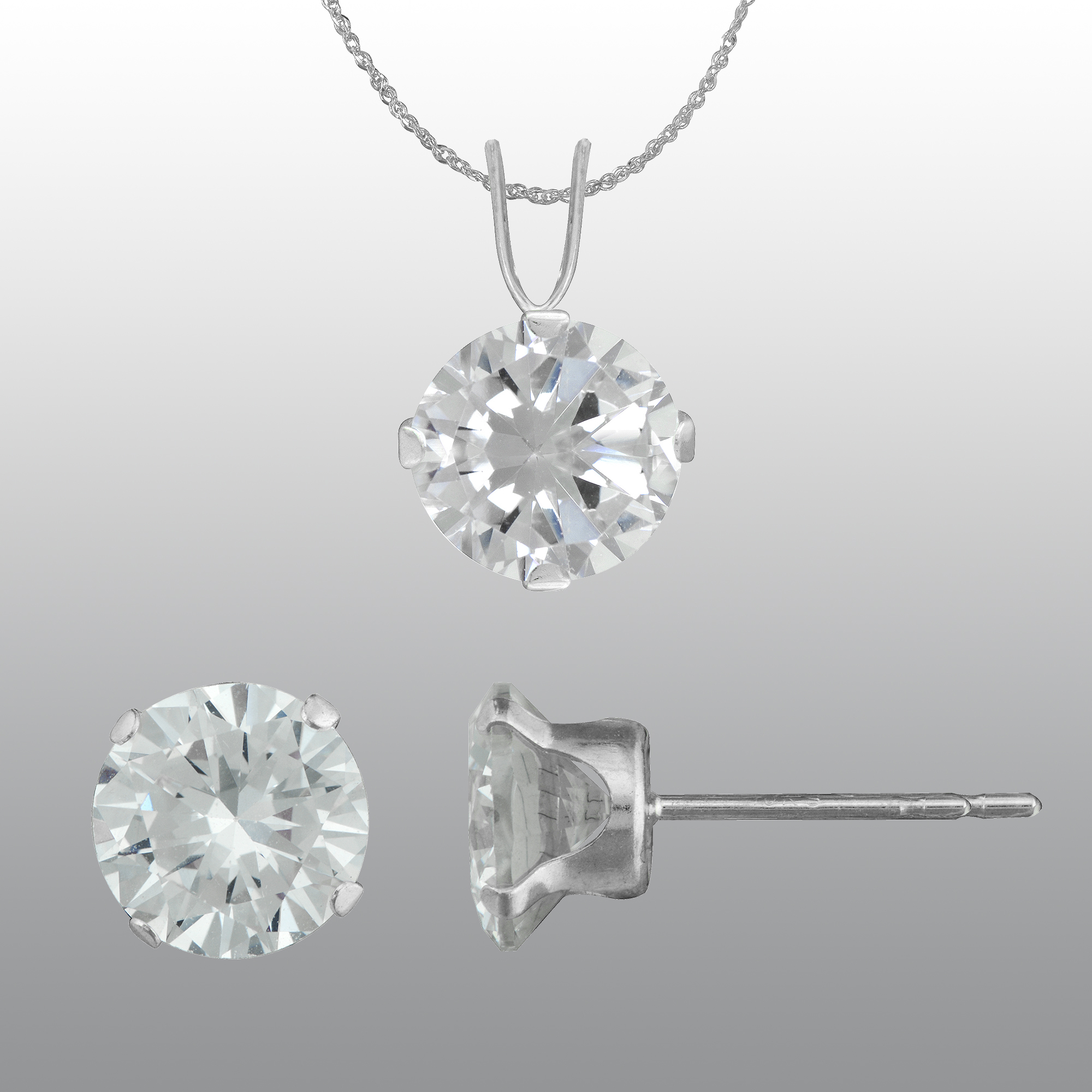 10KT White Gold 4mm Cubic Zirconia Pendant and Earring Set