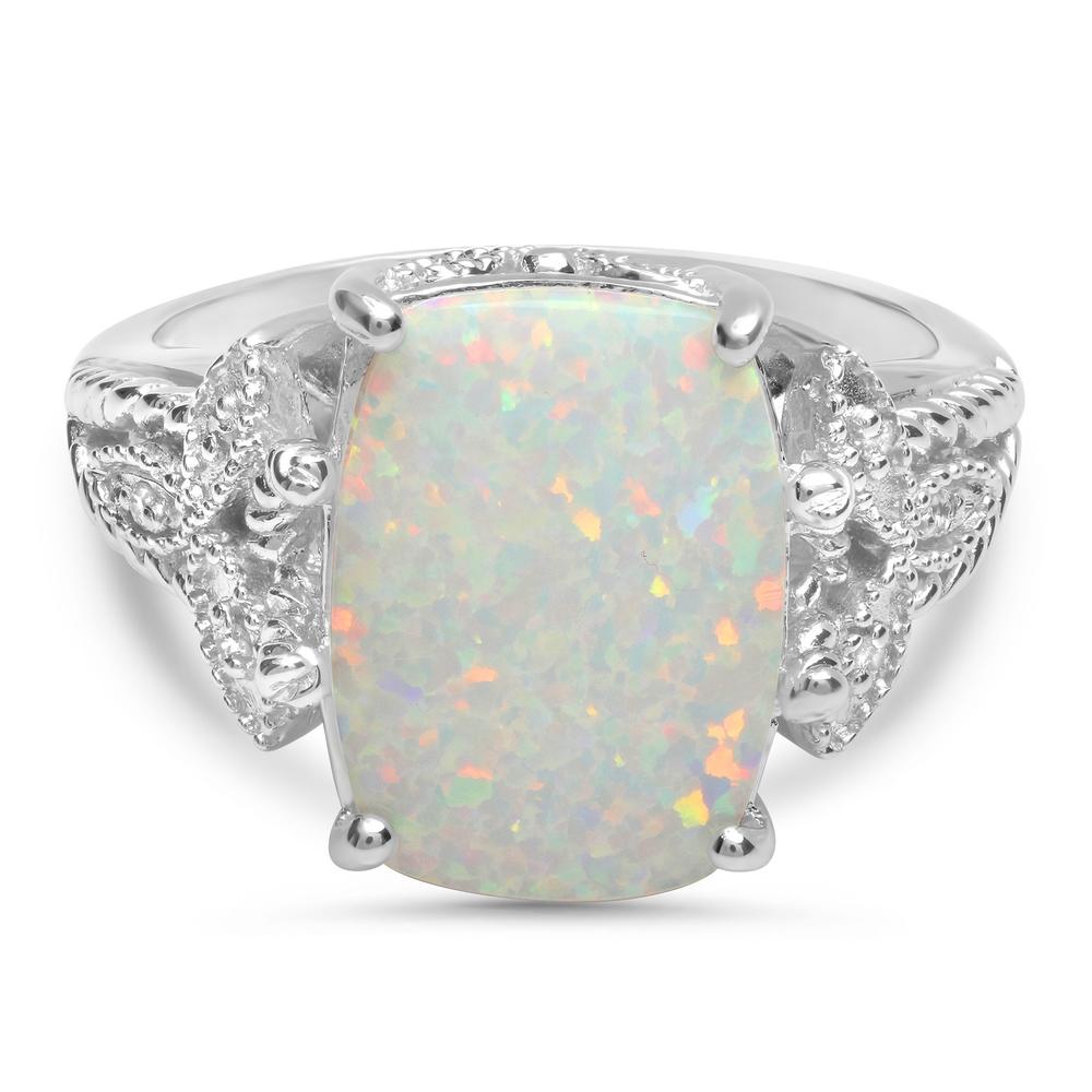 Sterling Silver Created Opal and Diamond Accent Ring - Size 7 Only