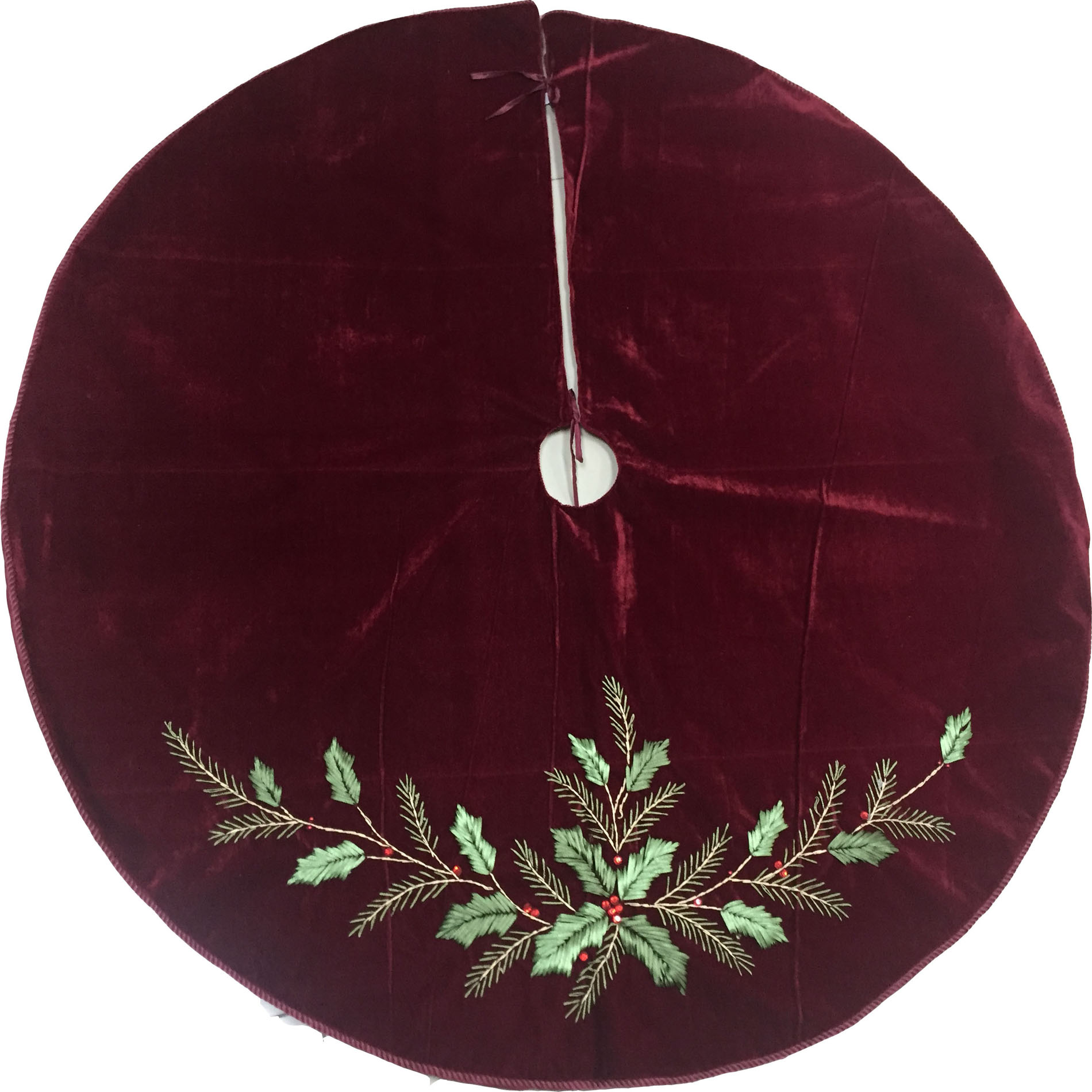 Trim A Home&reg; 48" Velvet Tree Skirt with Holly Leaves and Berries