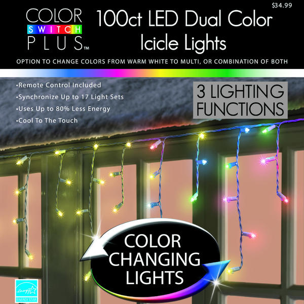 Color Switch Plus 1055 151500100 L Dual Color Changing Led Icicle Christmas Lights With 3 Functions 100 Ct American Freight Sears Outlet