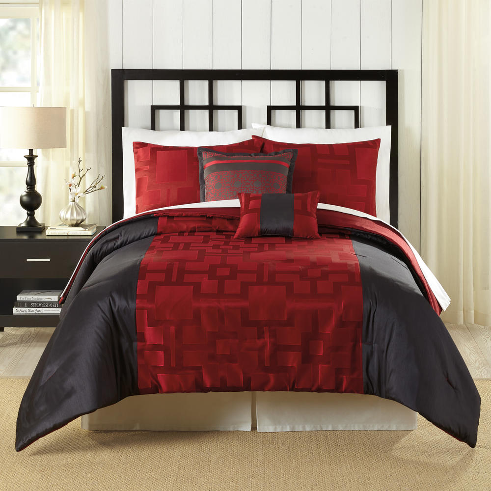 5 Piece Reversible Jacquard Comforter Set &#8211; Crimson Grid