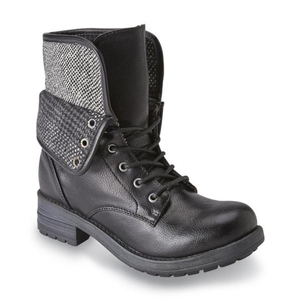 Unionbay Women's Sparky 6" Black/Plaid Fold-Over  Combat Boot