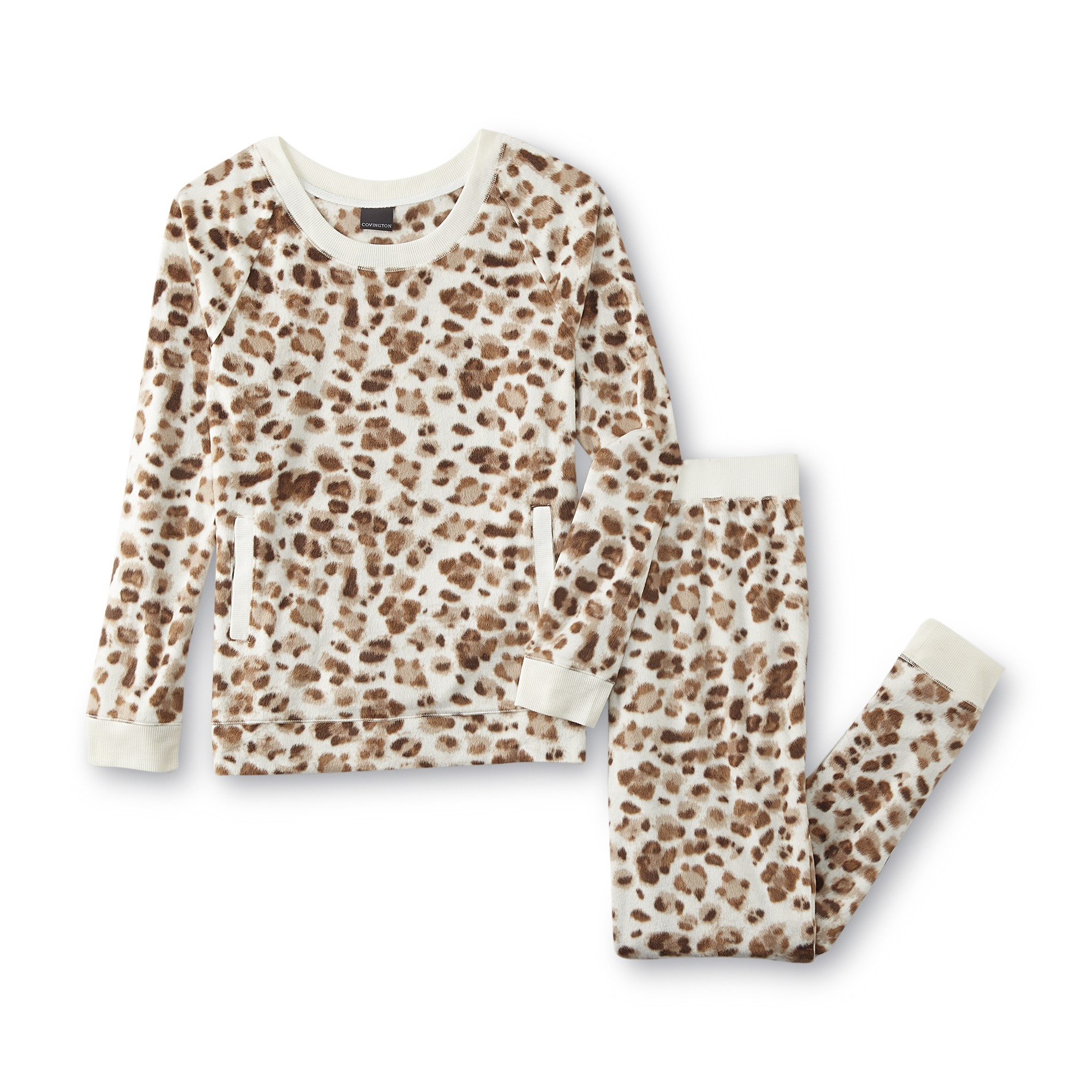 Covington Women's Petite Minky Fleece Pajama Top & Pants - Leopard Print