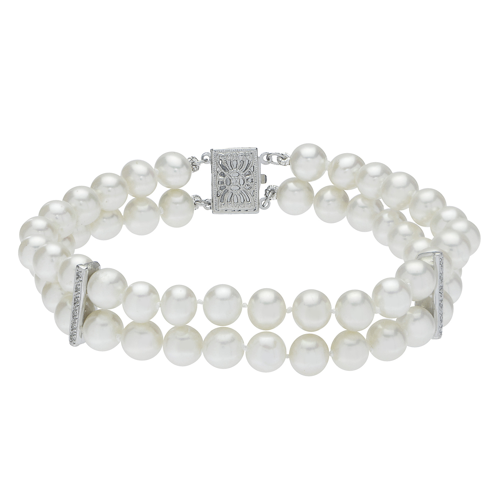 PearLustre by Imperial 14K 2-Strand White Freshwater Pearl and Diamond Bracelet