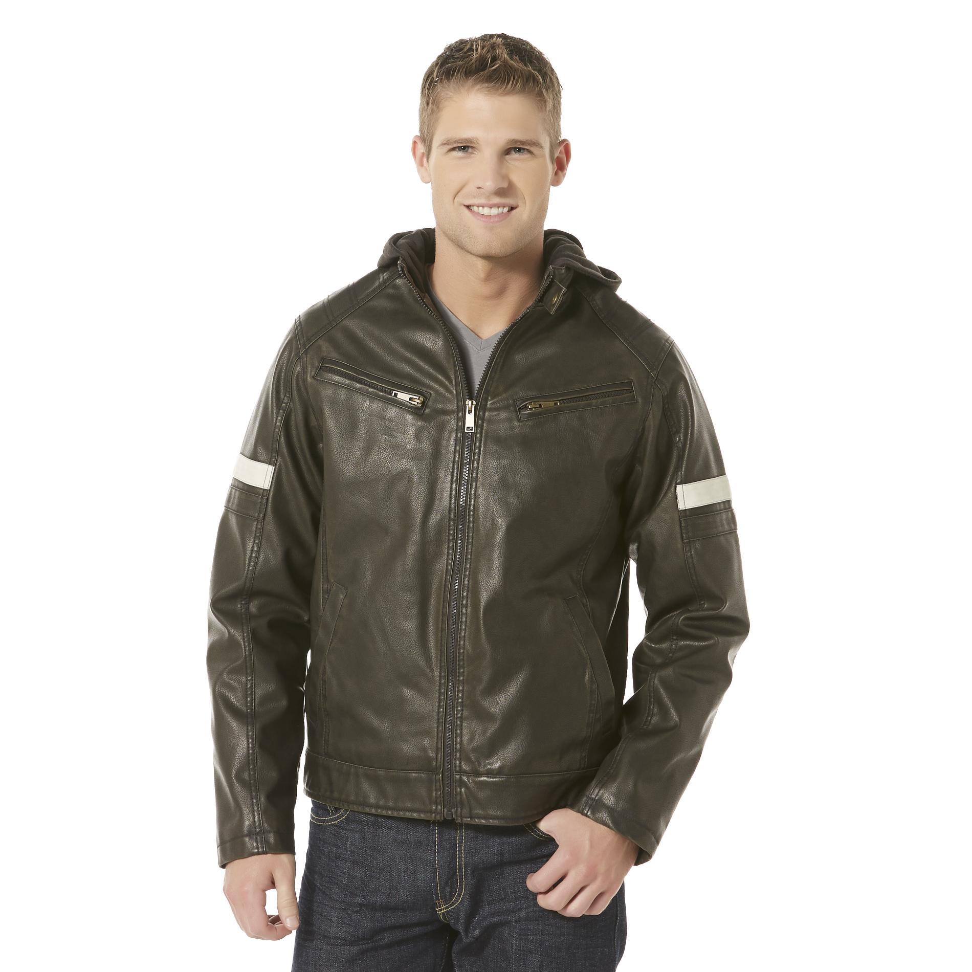 Structure Men's Hooded Synthetic Leather Moto Jacket