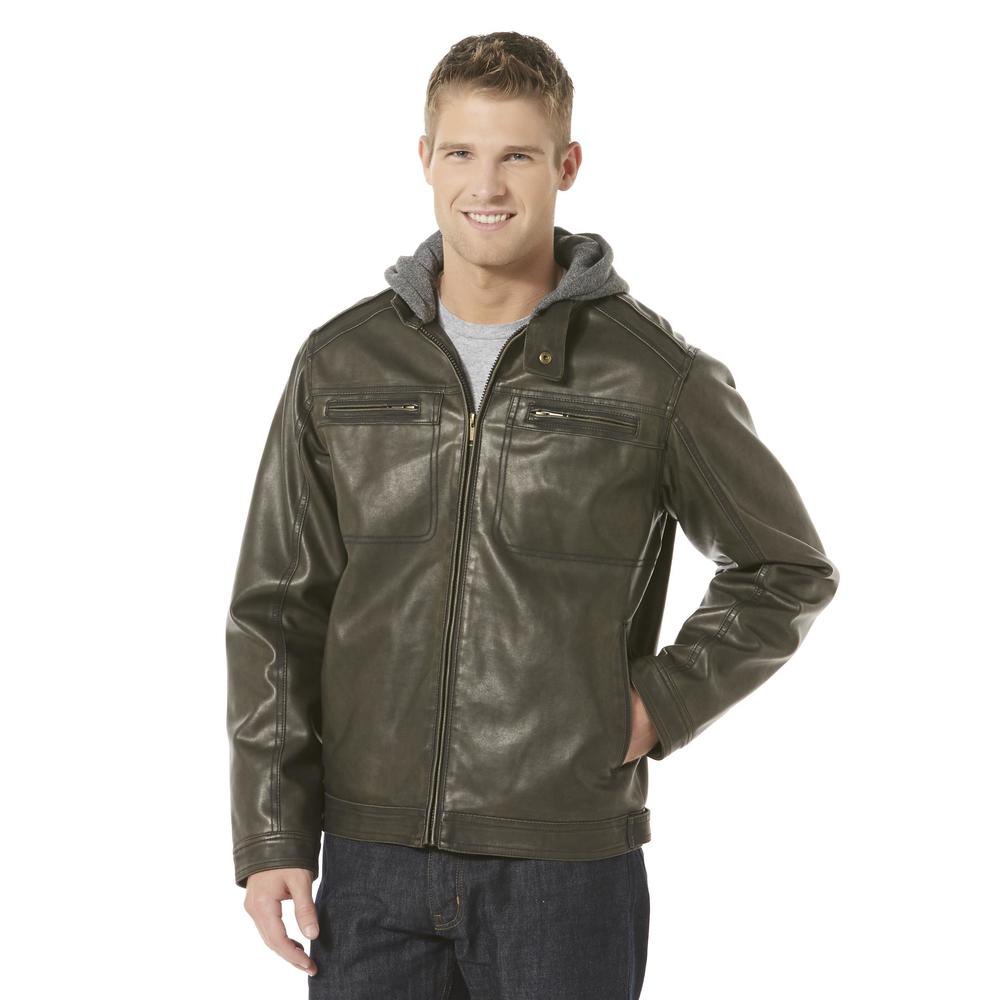 Structure Men's Hooded Synthetic Leather Moto Jacket