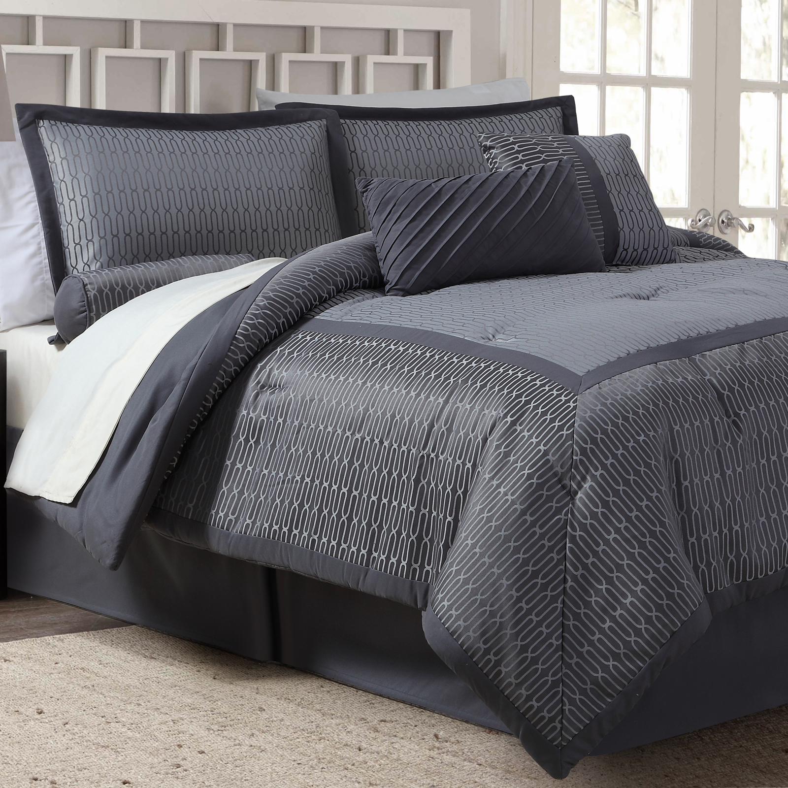 7 Piece Jacquard Comforter Set - Gray Grid