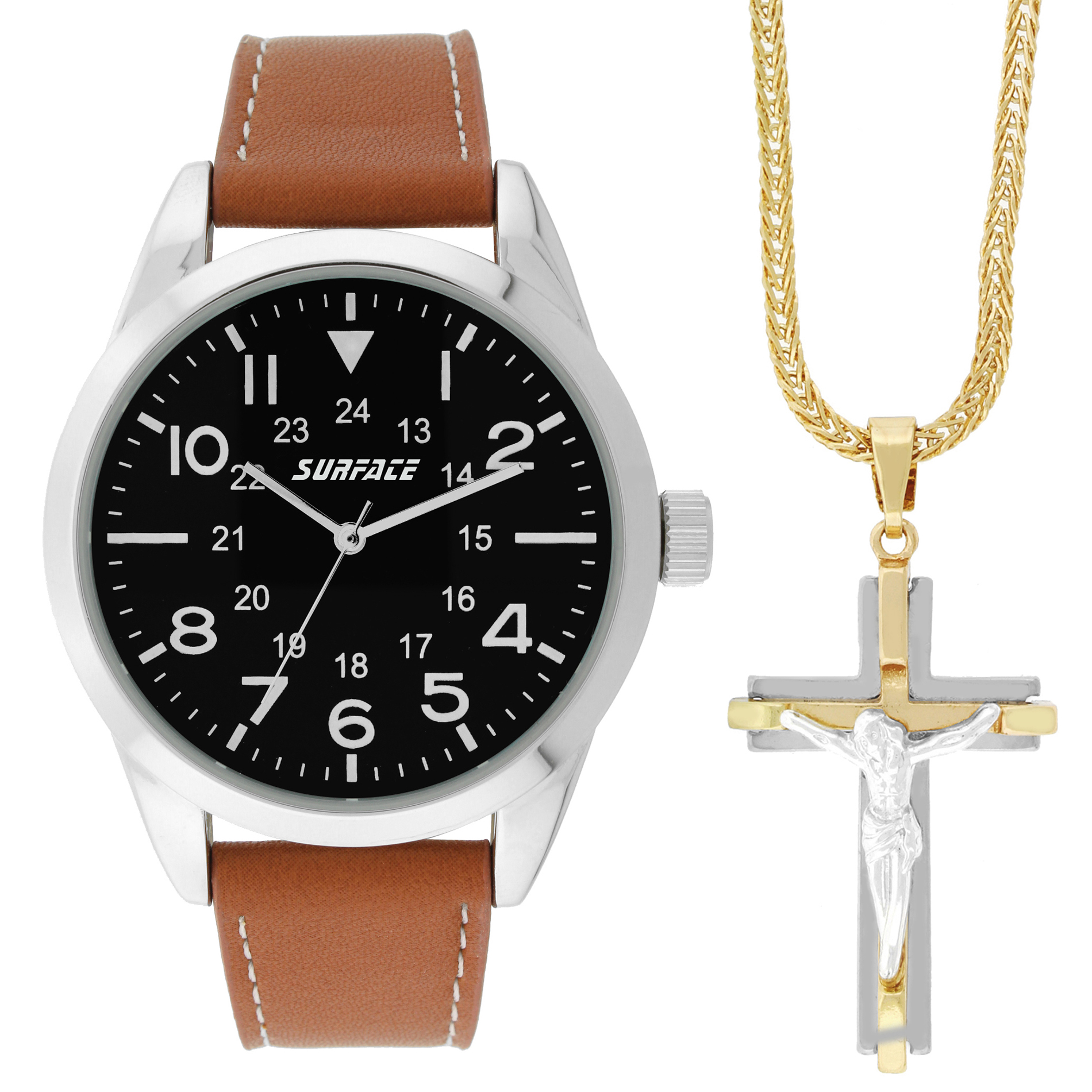 Surface Men's Brown Strap Watch with Two Tone Cross Necklace t