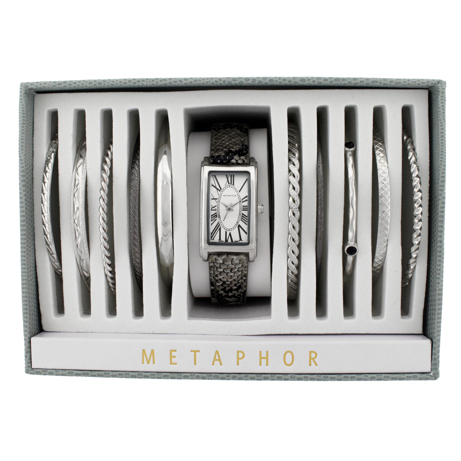 Metaphor 10 Piece Ladies Silver Strap Watch Set