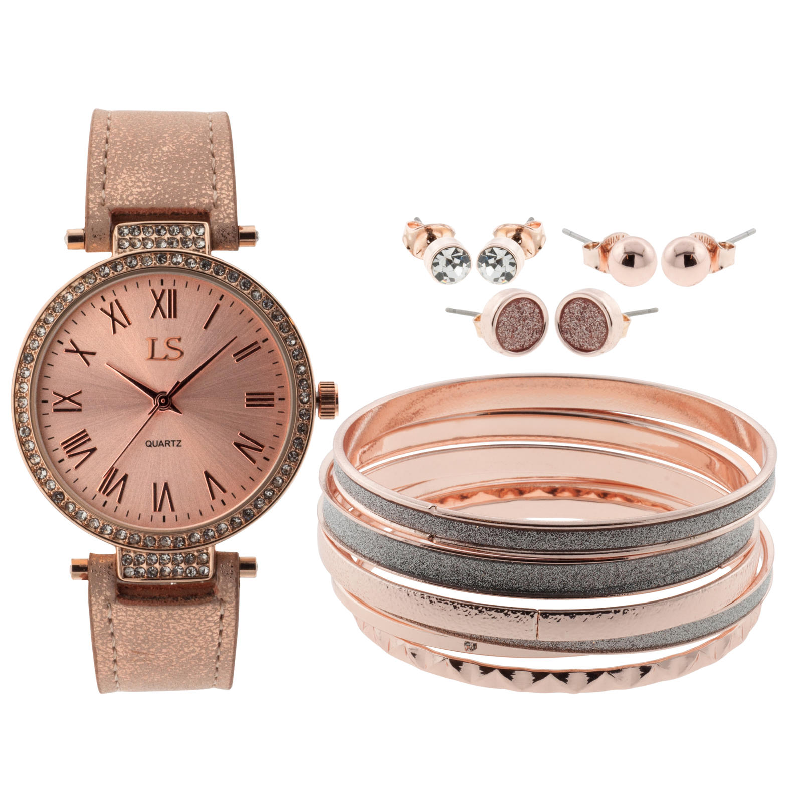 Jaclyn Smith Ladies Rose Gold Tone Strap Watch with Bangle and Earring Set