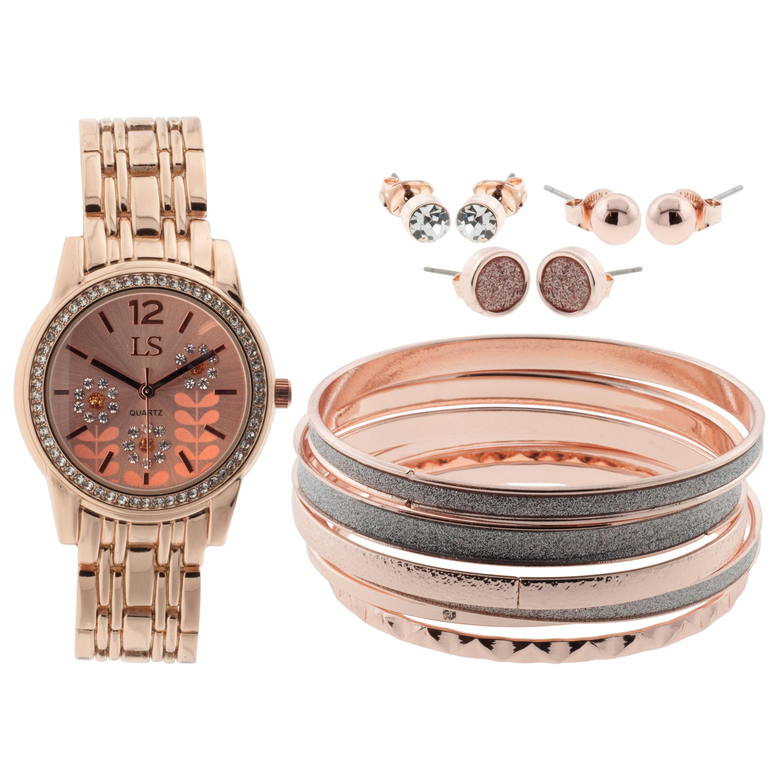 Jaclyn Smith Ladies Flower Dial Rose Gold Tone Watch with Bangle and Earring Set