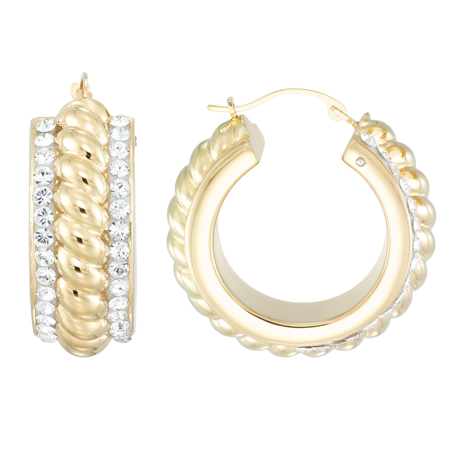 14K Yellow Gold Nano Diamond Resin Double Crystal Round Hoop Earrings