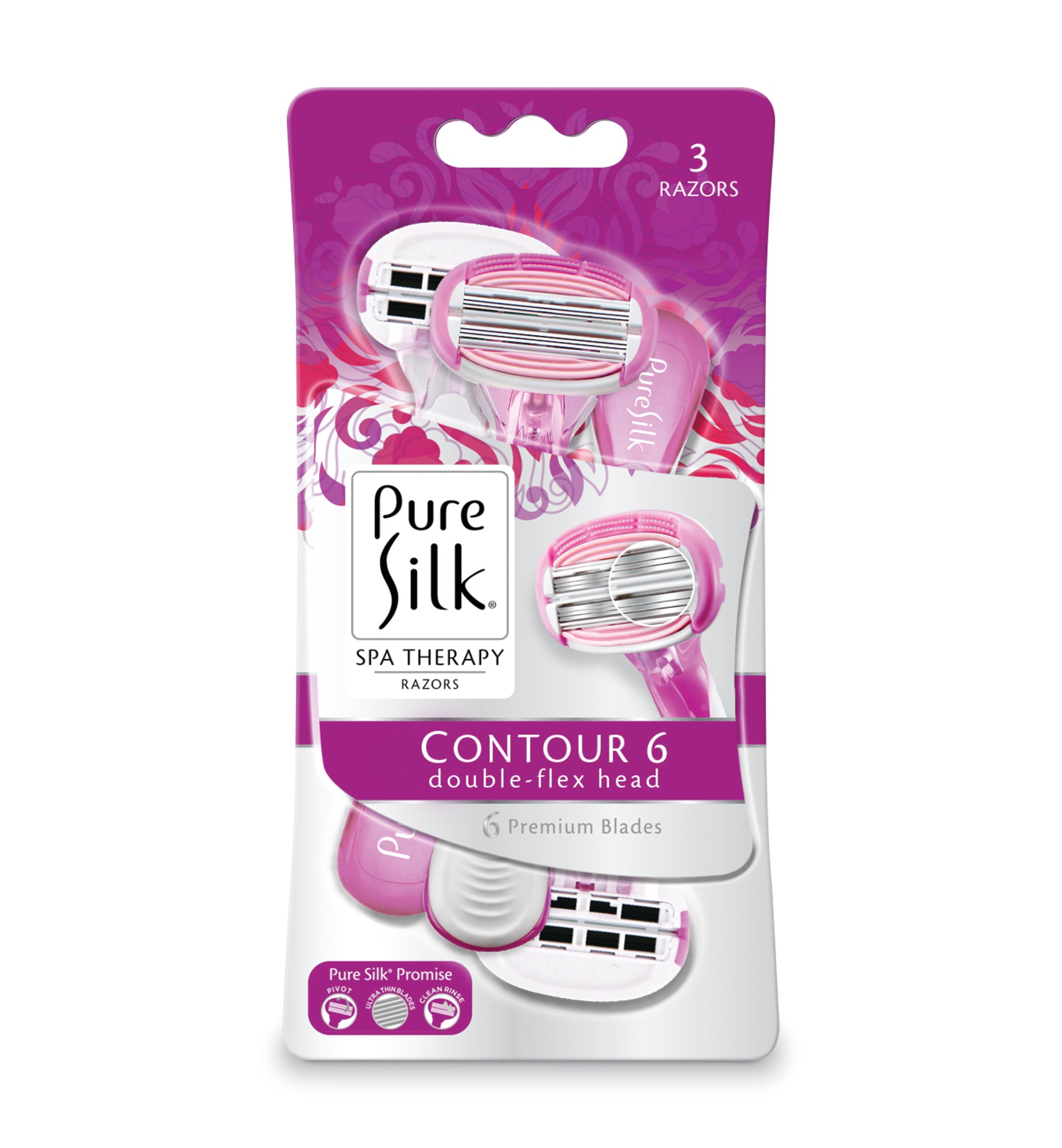 Pure Silk Contour 6 Premium Disposable Razor, 3 Count