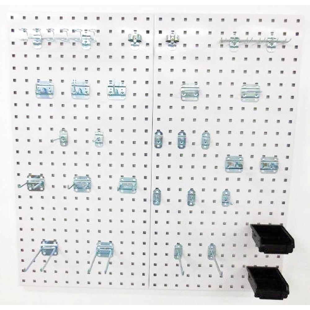 LocBoard (2) 18 In. W x 36 In. H x 9/16 In. D Steel Square Hole Pegboards with 28 pc. LocHook Assortment & Hanging Bin System