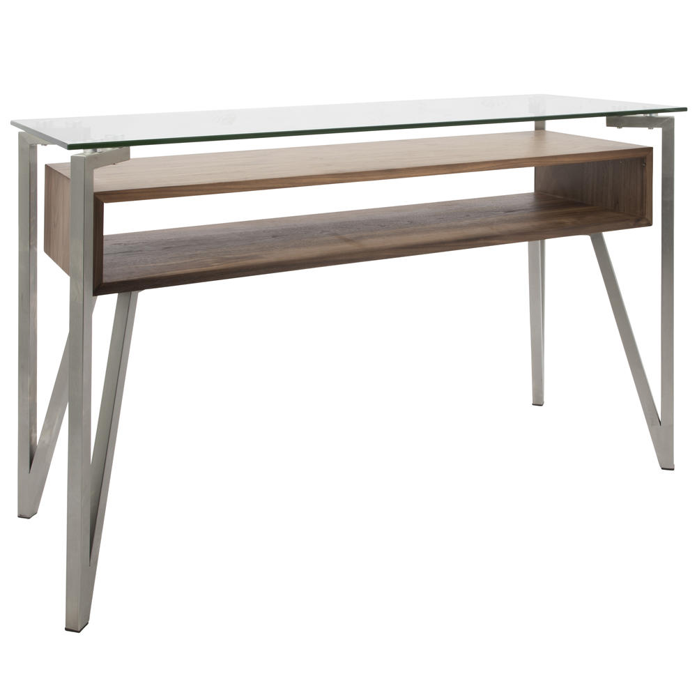 Lumisource Hover Mid-Century Modern Console Table with Brushed Stainless Steel Frame, Walnut Wood Shelf, and Clear Glass Top by