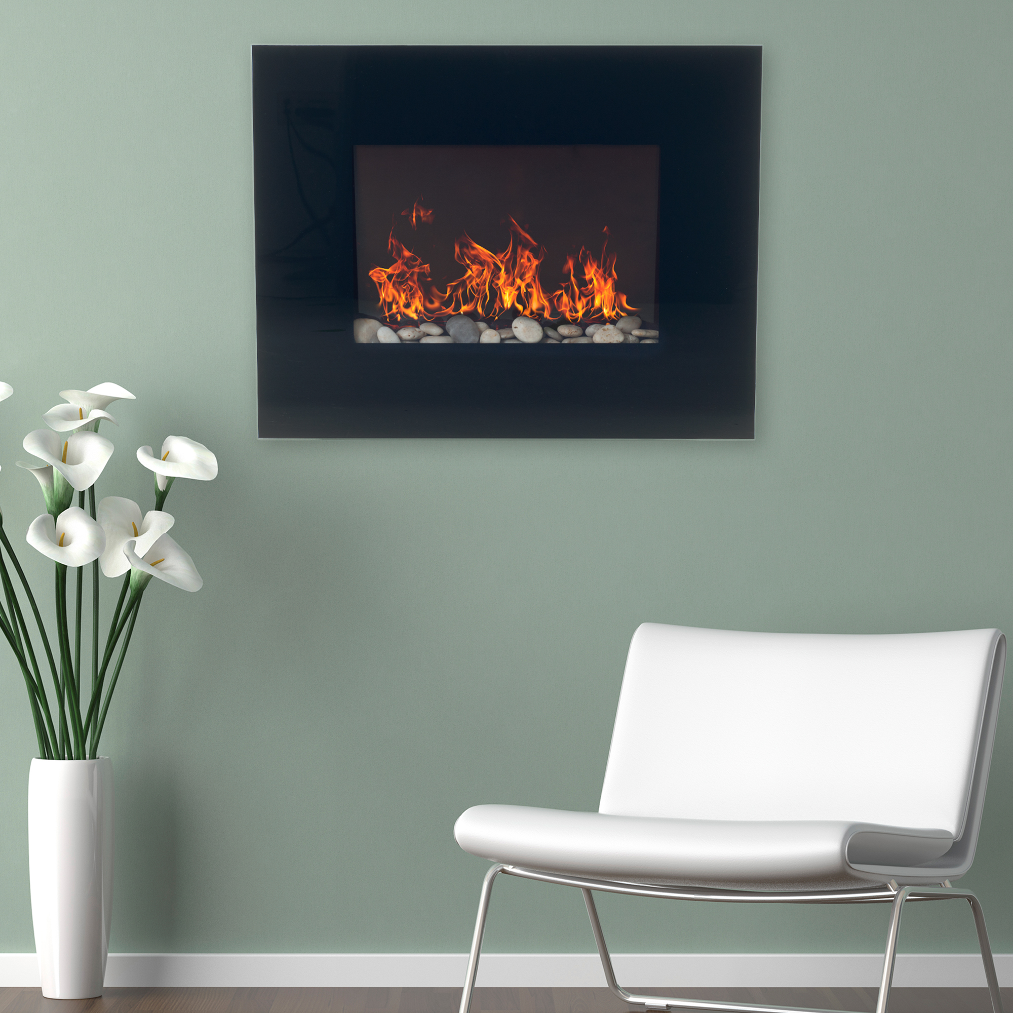 Northwest Black Glass Panel Electric Fireplace Wall Mount & Remote