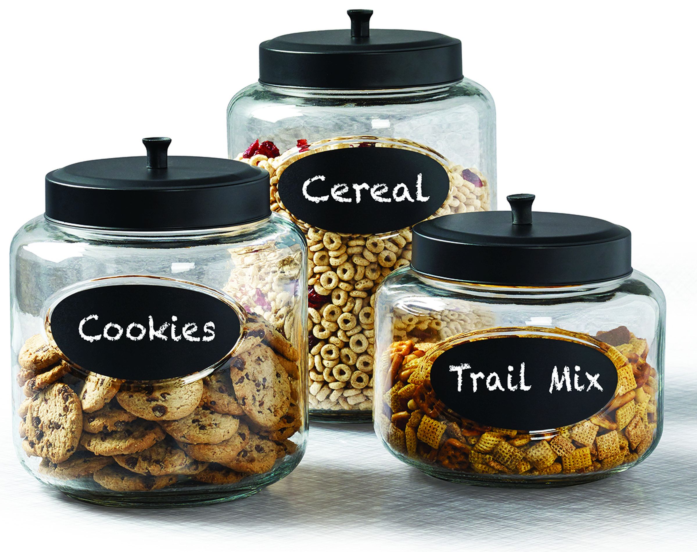 Tabletops Unlimited, Inc 3pc. Glass Canister Set with Chalk Stickers - Clear-TTU-V0535 Tabletops Unlimited, Inc 3pc. Glass Canister Set with Chalk Stickers - Clear-TTU-V0535