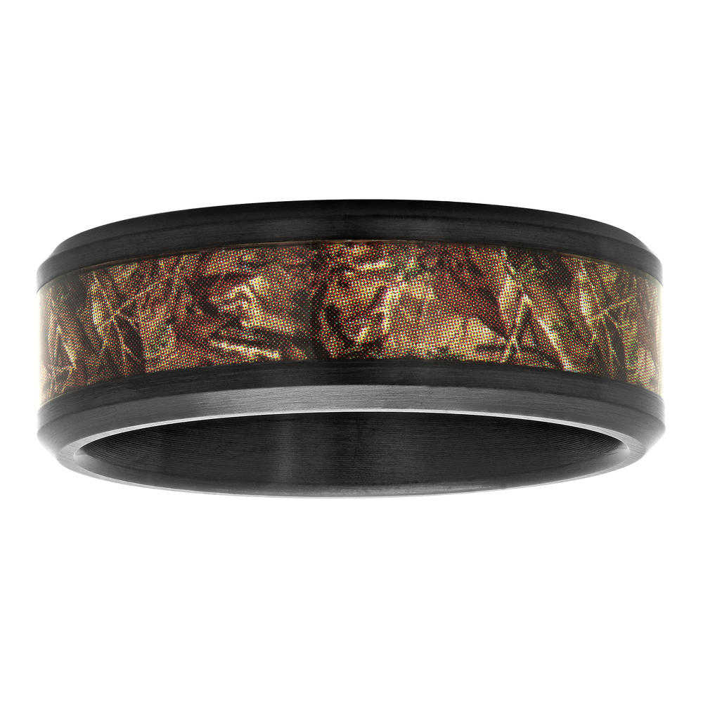 Men&#8217;s Stainless Steel Black IP Camo Inlay 8MM Band