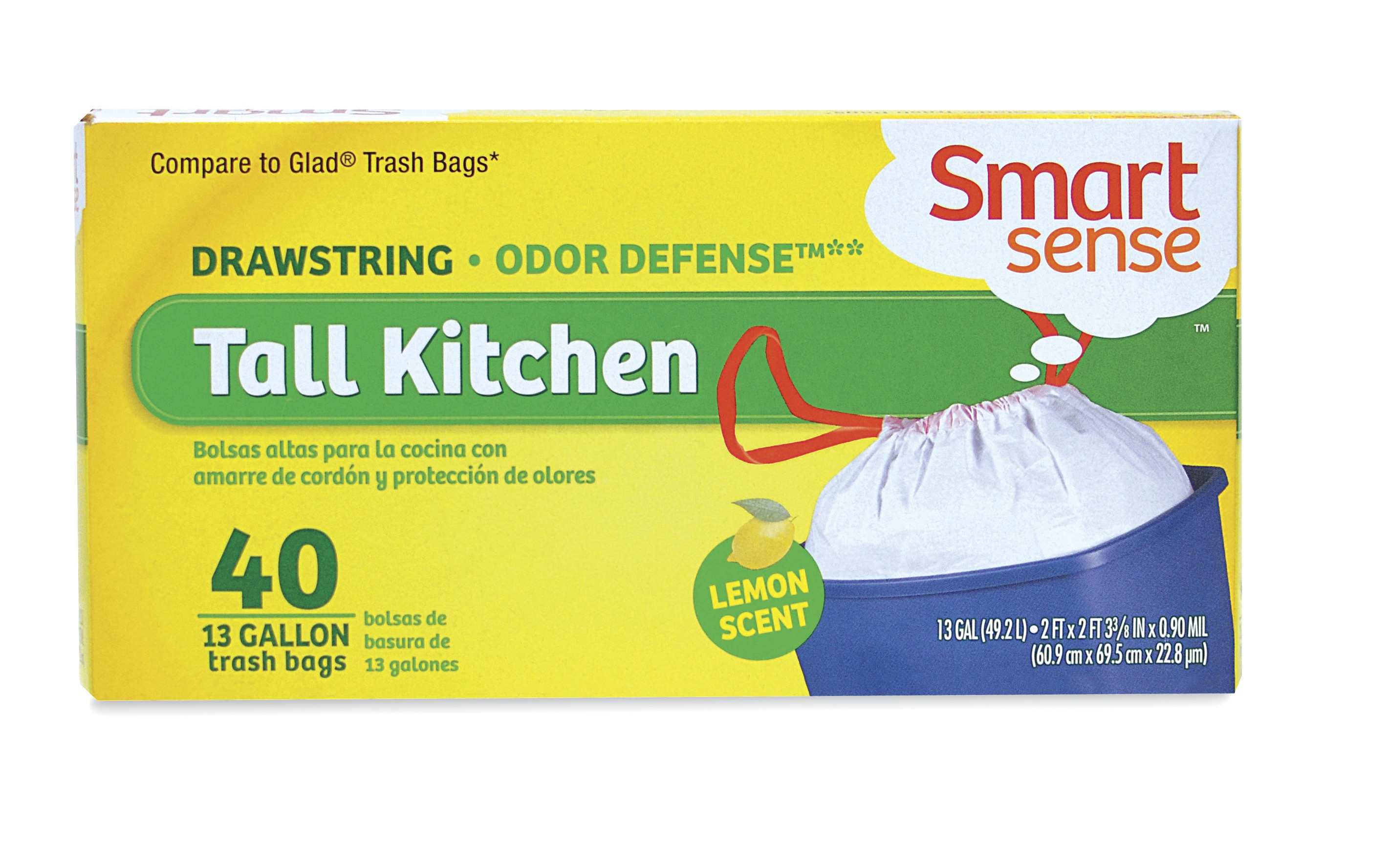 Smart Sense Tall Kitchen Bags Drawstring 3 Ply 13 Gallon Lemon Scented