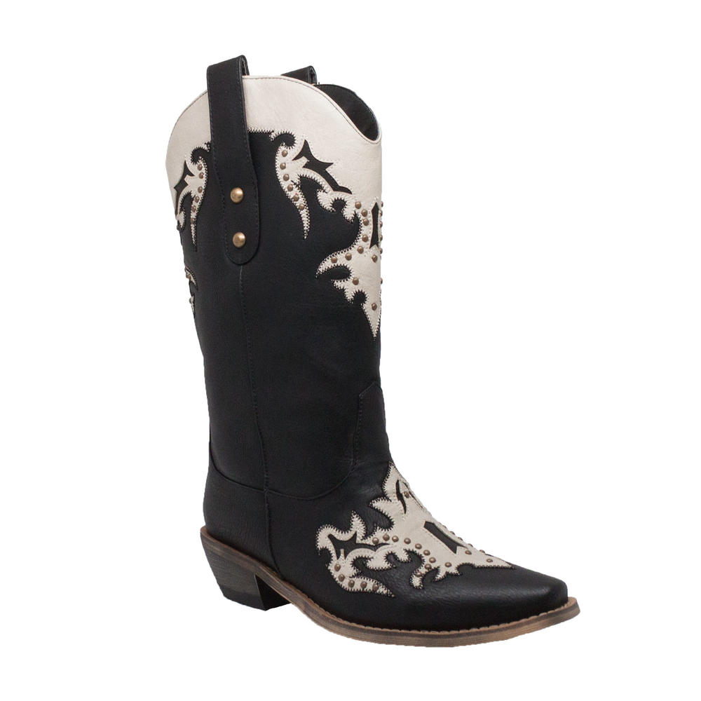 AdTec Women's 13" Western Pull On with Inlay Accents and Studs Black/Offwhite