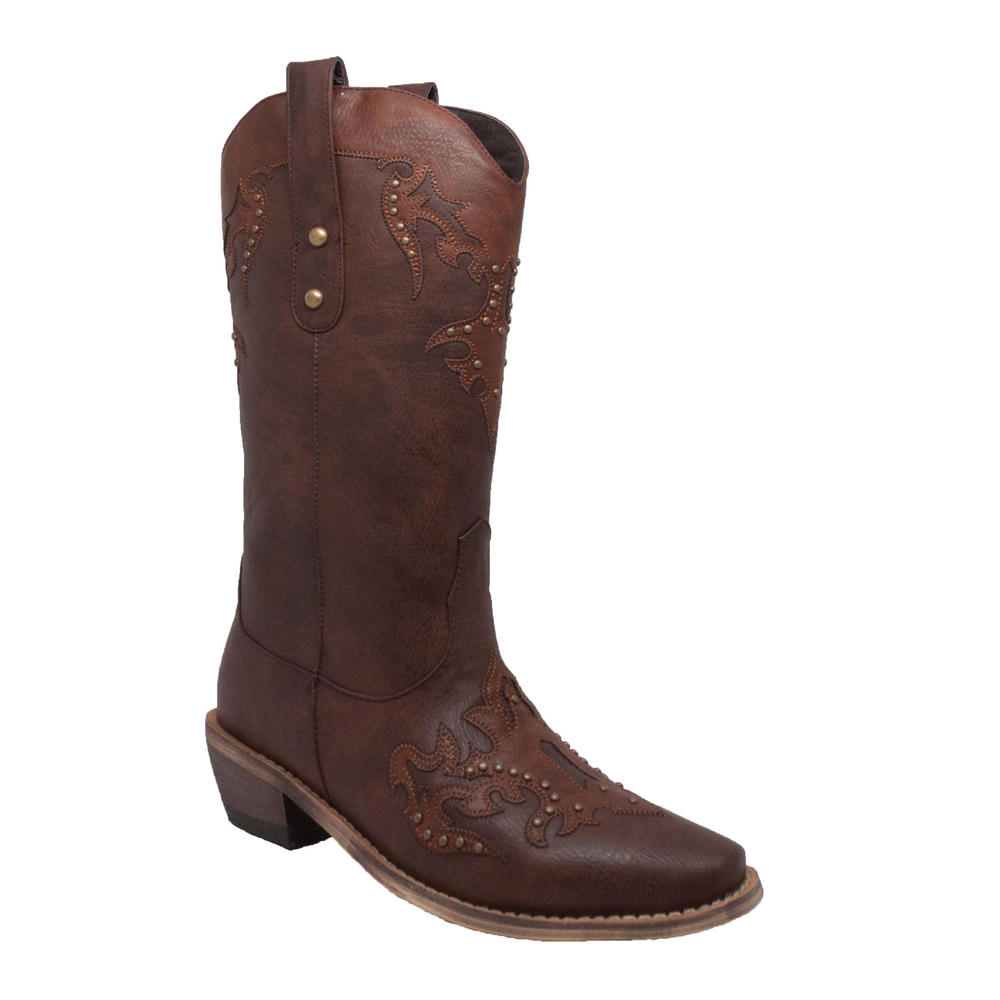 AdTec Women's 13" Western Pull On with Inlay Accents and Studs Brown
