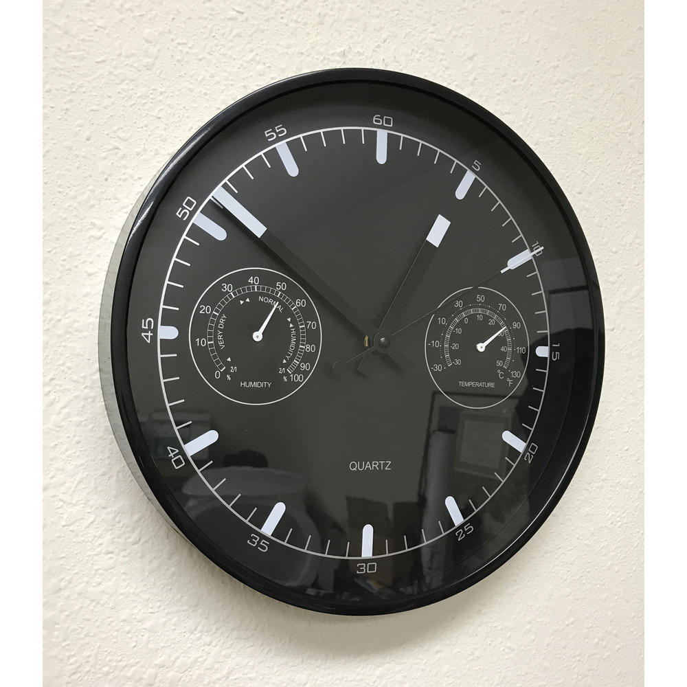 Creative Motion Industries Clock Black Plastic Frame 11.75 inch Diameter with Humidity and Temperature, Indoor Use, Quite Clock