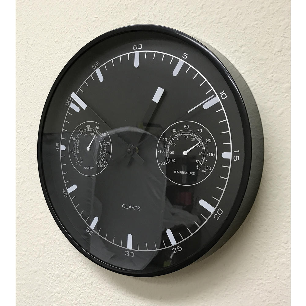 Creative Motion Industries Clock Black Plastic Frame 11.75 inch Diameter with Humidity and Temperature, Indoor Use, Quite Clock