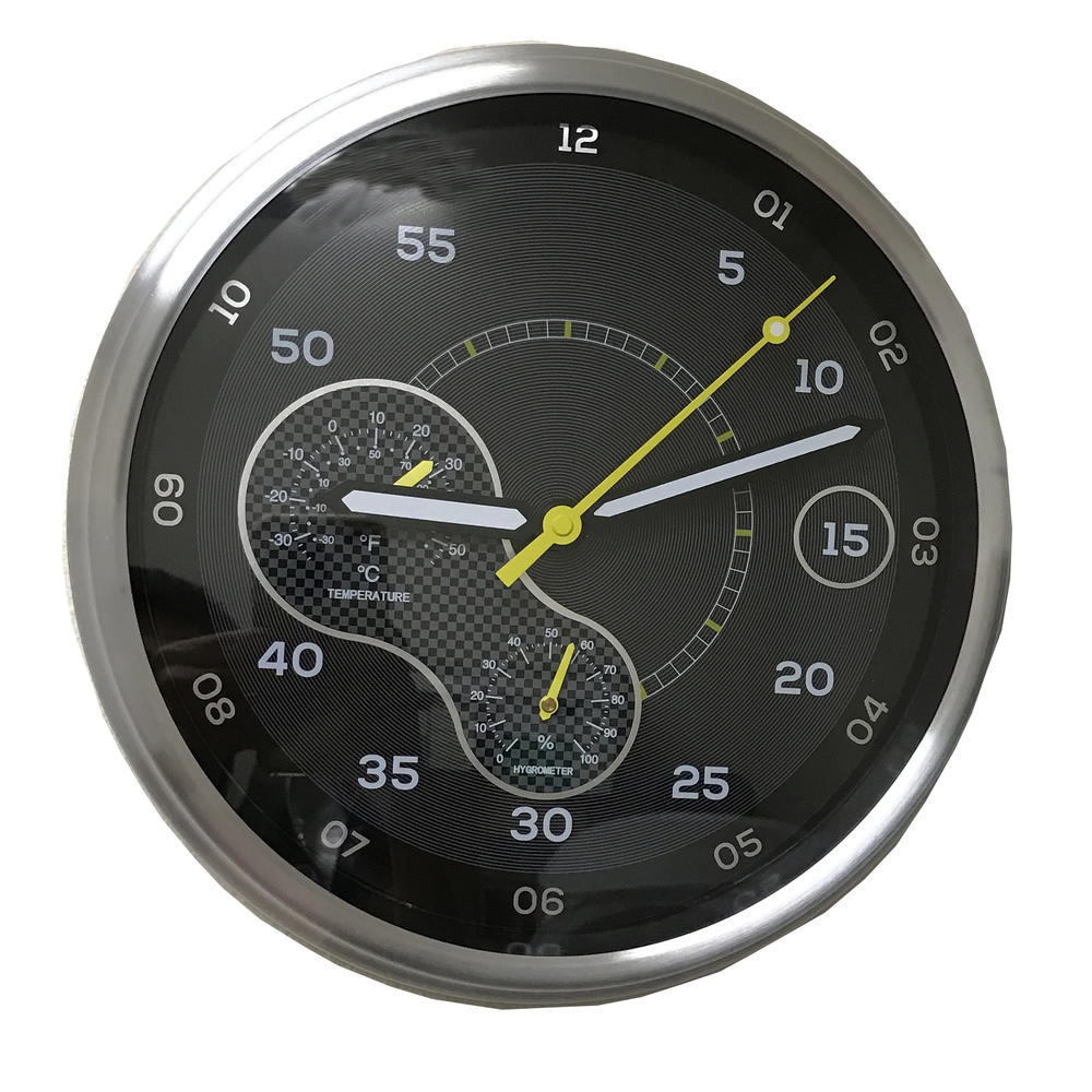 Creative Motion Industries Clock Chrome Frame 12 Inch Diameter with Temperature and Hygrometer Quite ( Indoor Use)