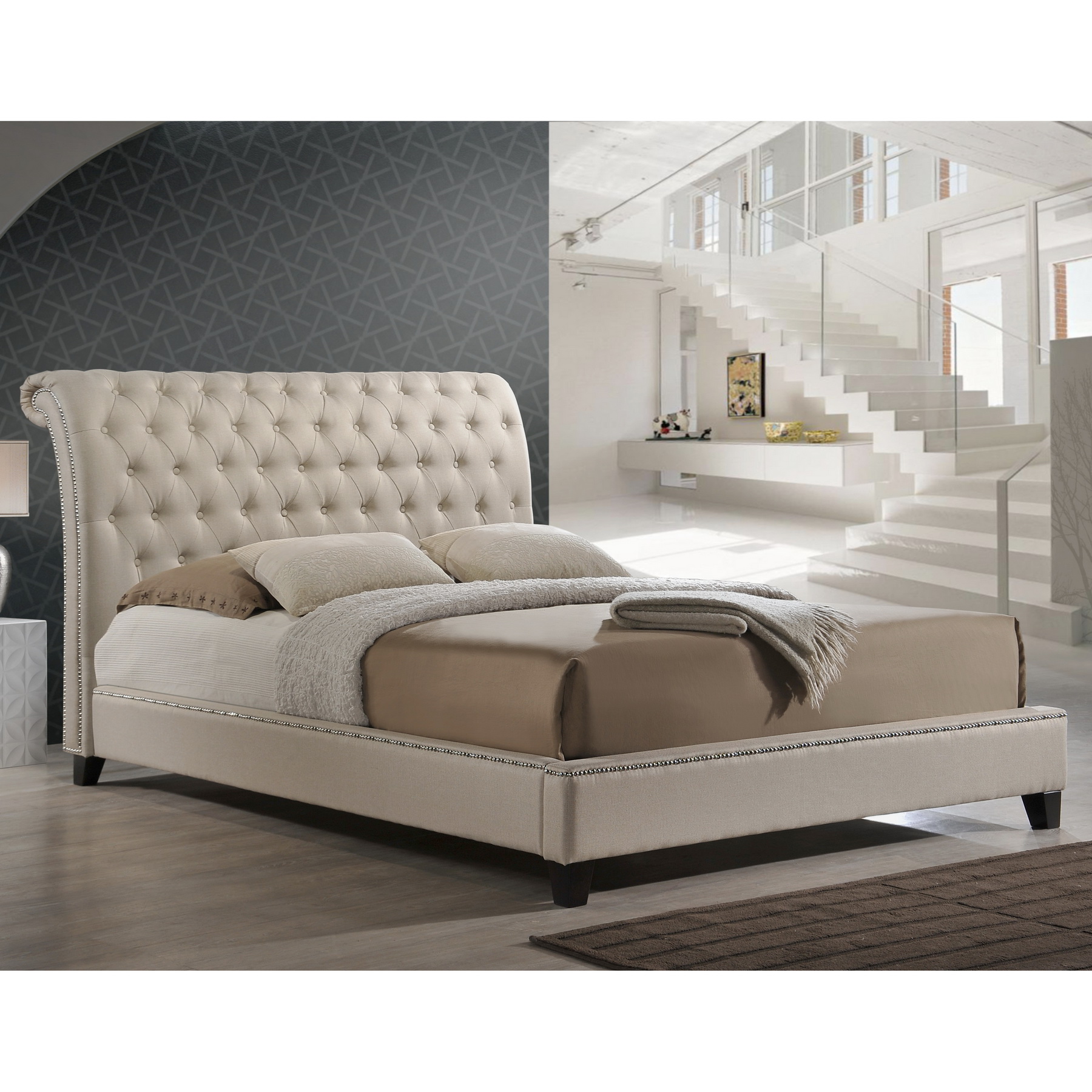 Baxton Studio Jazmin Tufted Light Beige Modern Bed with Upholstered Headboard &#8211; King Size